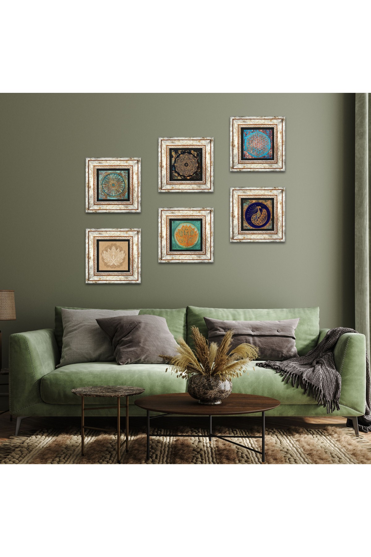 Sri Yantra, Tavus Kuşu, Yaşam Çiçeği, Lotus Çiçeği Taş Duvar Tablosu Çerçeveli Duvar Dekoru 6 Parça Tablo Seti Wall Art