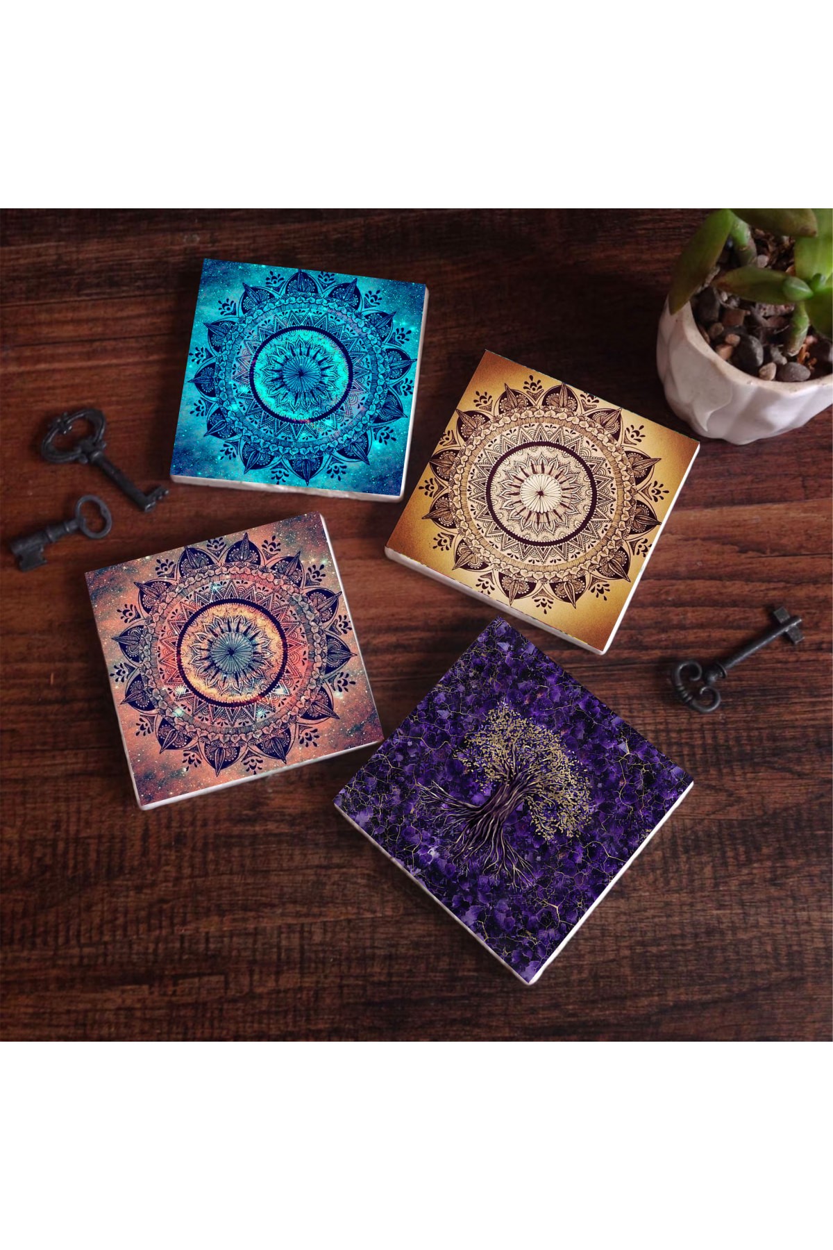 Mandala, Tree of Life Stone Coasters Desktop Protective Coasters 4 Piece Set 10x10cm Stone Coasters