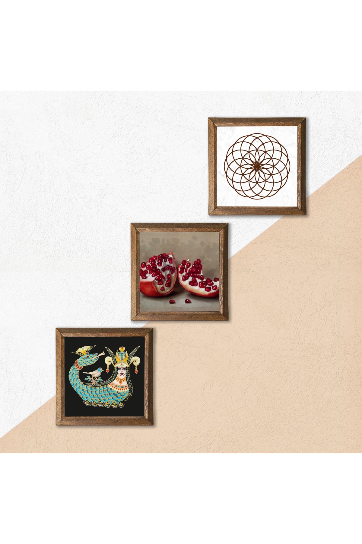 Flower of Life, Shahmaran, Pomegranate Stone Wall Painting Wooden Framed Wall Decor 3 Piece Painting Set Wall Art