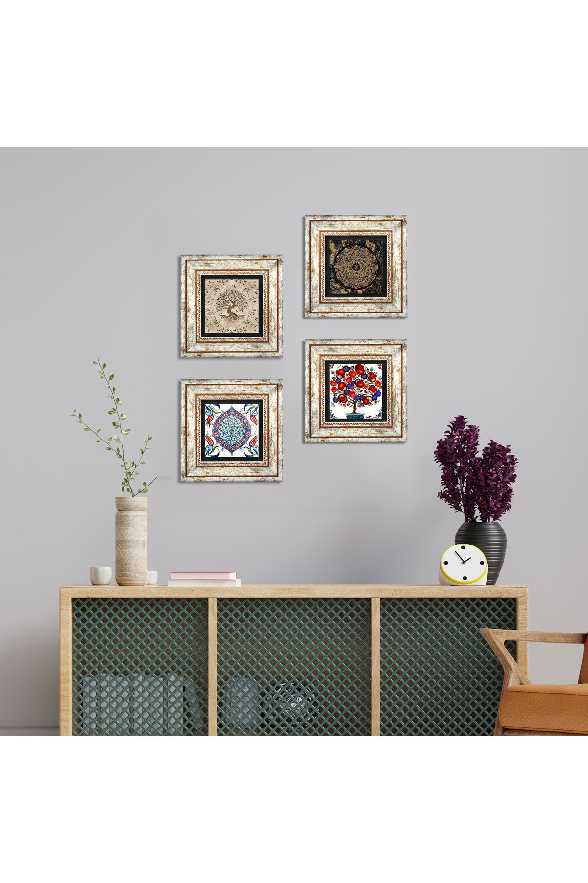 Sri Yantra, Çini Sanatı, Hayat Ağacı, Nar Ağacı Taş Duvar Tablosu Çerçeveli Duvar Dekoru 4 Parça Tablo Seti Wall Art