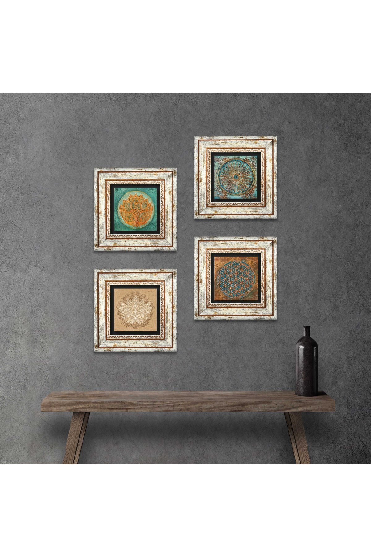 Yaşam Çiçeği, Lotus Çiçeği Taş Duvar Tablosu Çerçeveli Duvar Dekoru 4 Parça Tablo Seti Wall Art