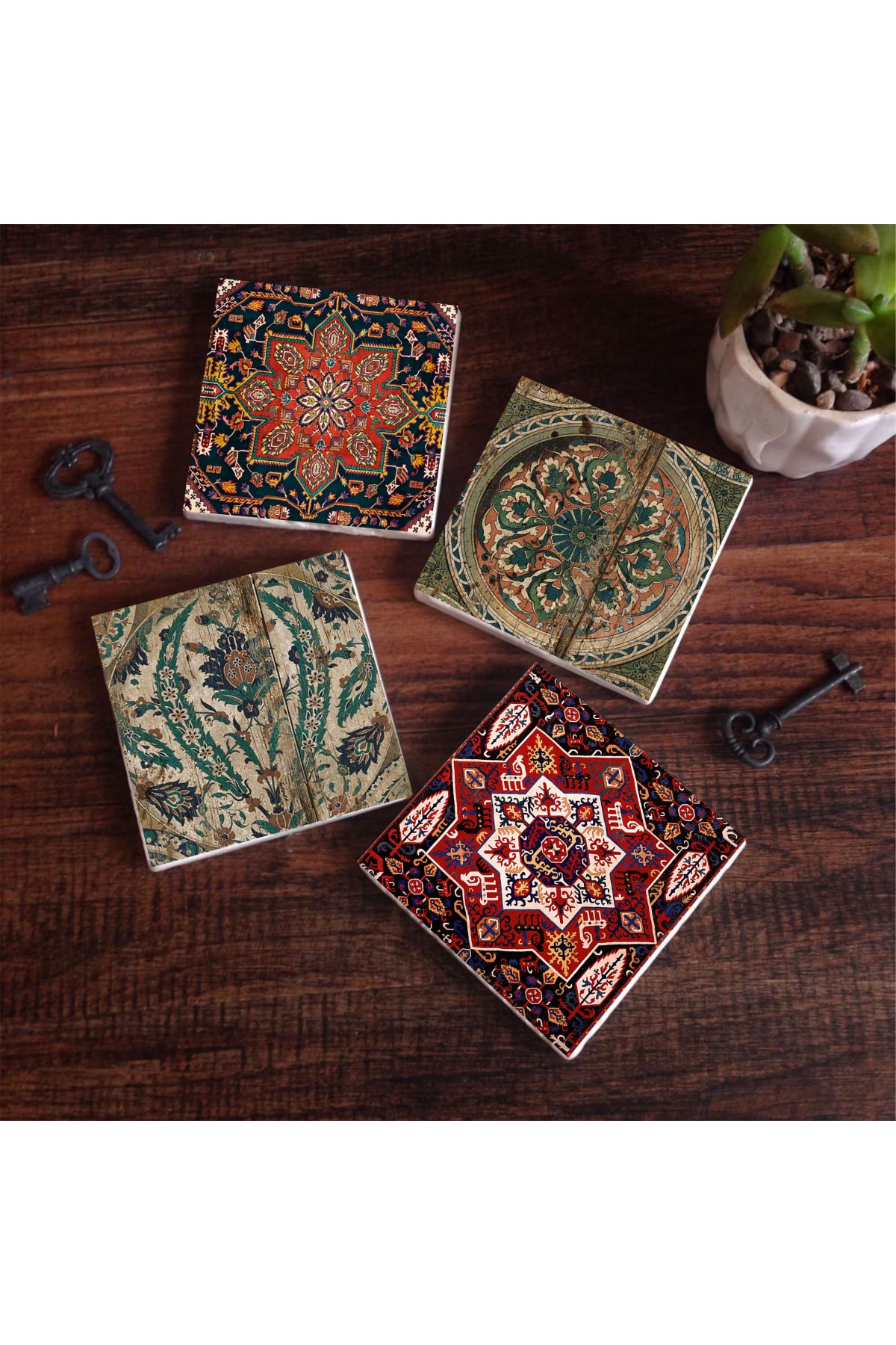 Vintage Desen Taş Bardak Altlığı Masaüstü Koruyucu Altlık 4 Parça Set 10x10cm Stone Coasters