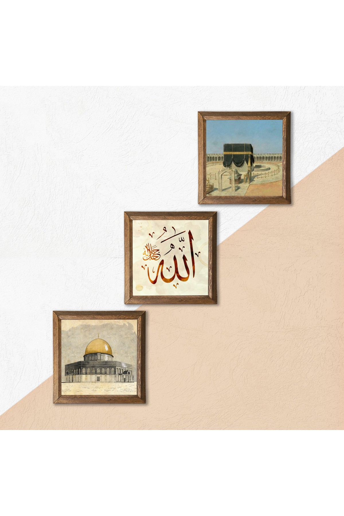 Kaaba-i Magnificent, Masjid al-Aqsa, Word of Allah Stone Wall Painting Wooden Framed Wall Decoration 3 Piece Painting Set Wall Art