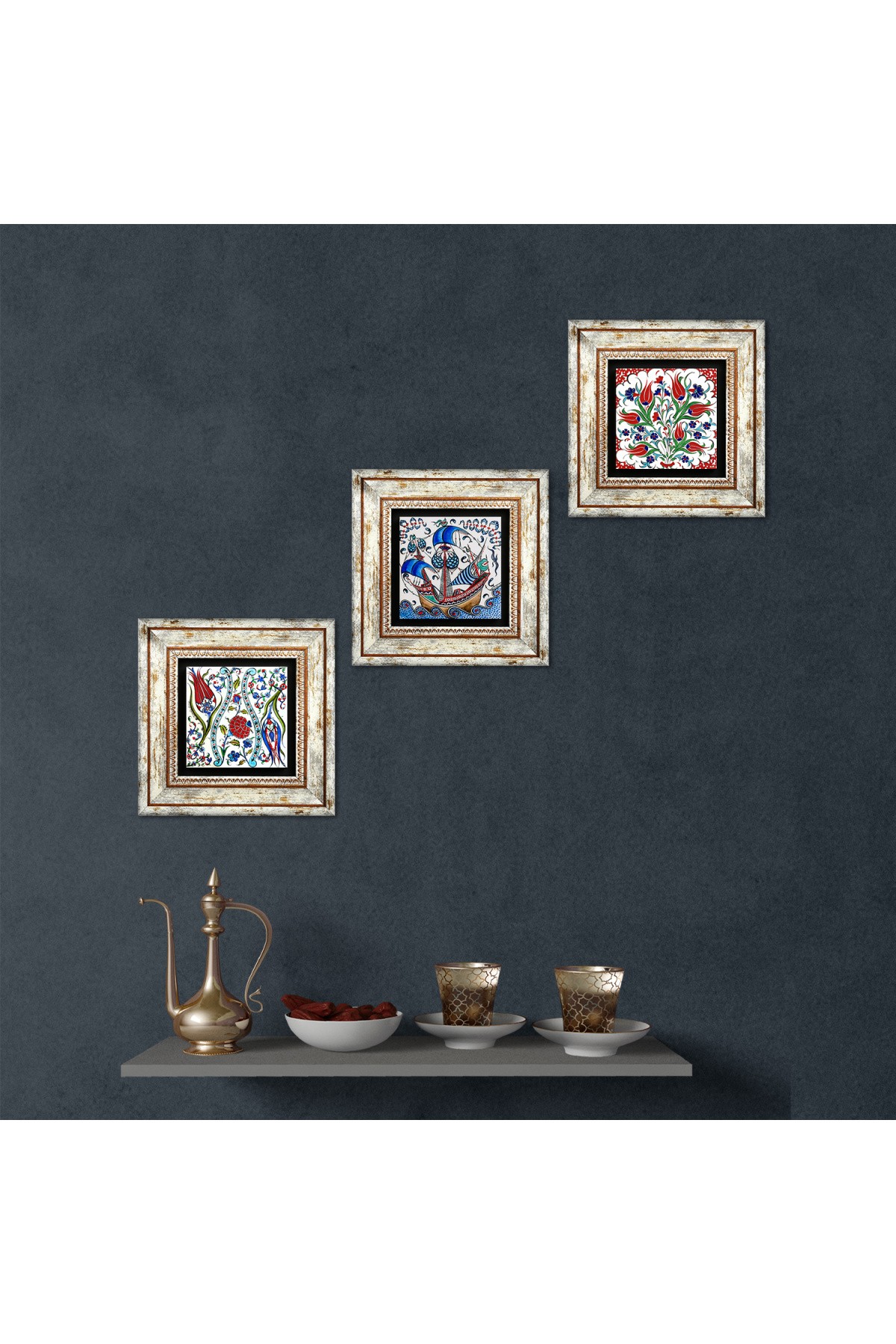 Çini Sanatı Lale, Yelkenli Gemi Taş Duvar Tablosu Çerçeveli Duvar Dekoru 3 Parça Tablo Seti Wall Art