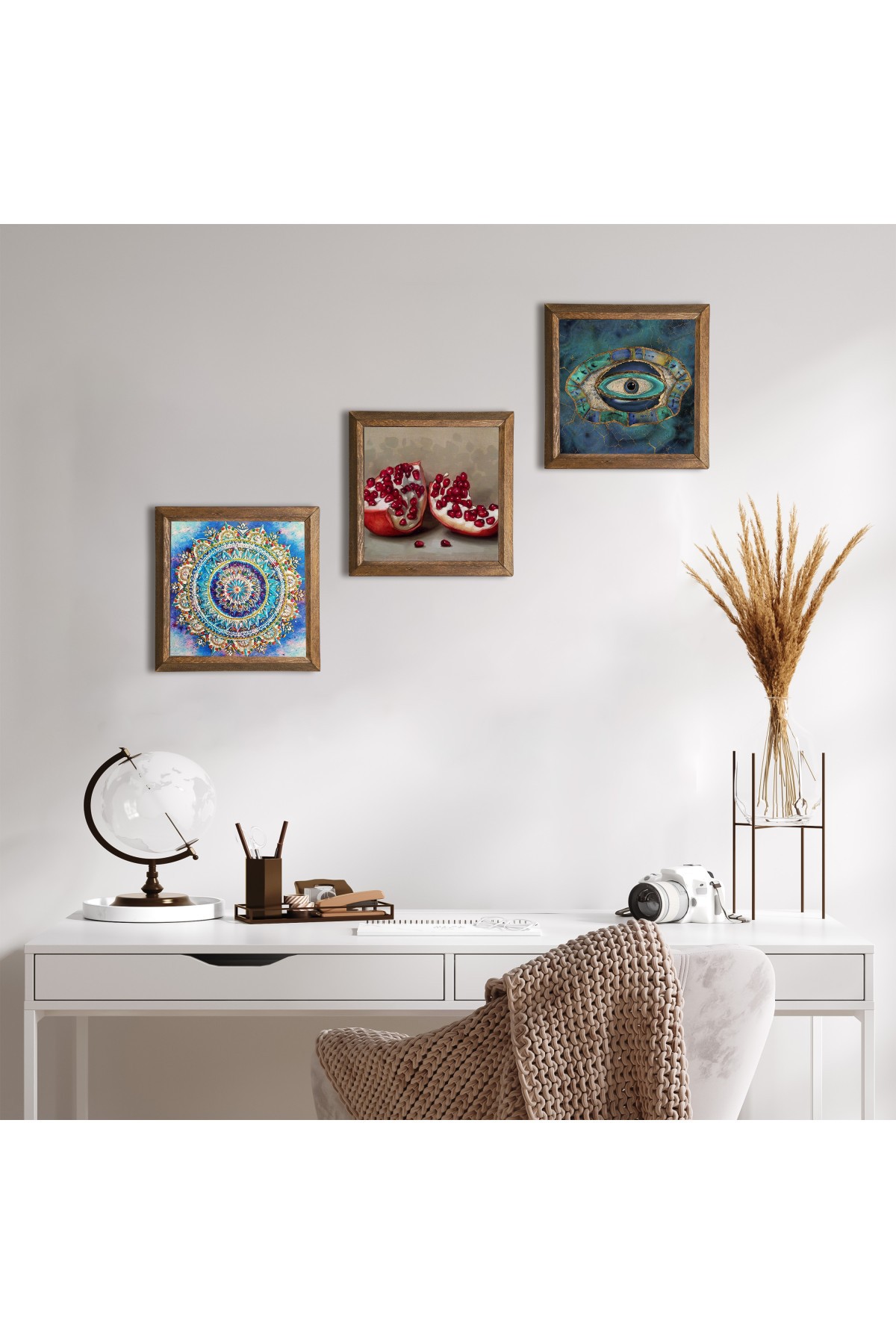 Mandala, Nazar, Nar Taş Duvar Tablosu Ahşap Çerçeveli Duvar Dekoru 3 Parça Tablo Seti Wall Art