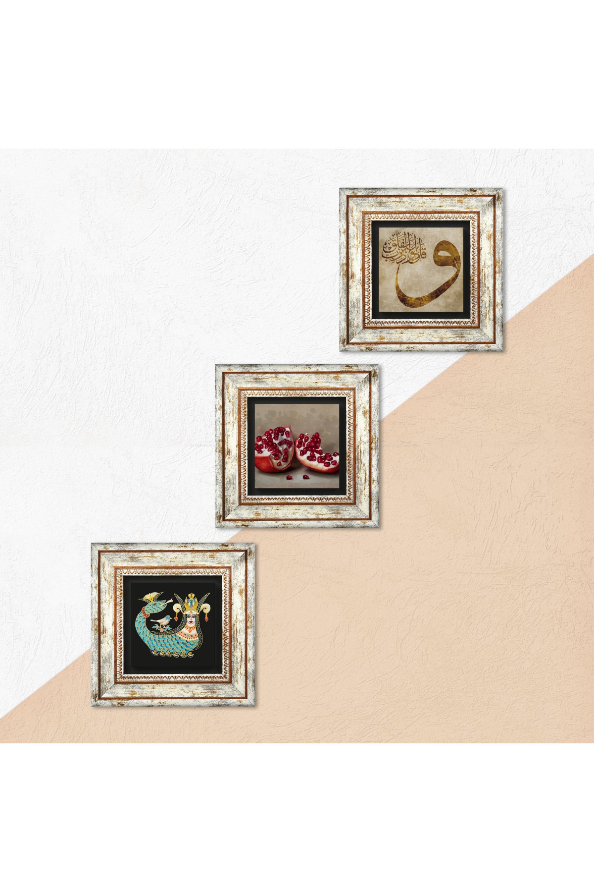 Vav, Şahmeran, Pomegranate Stone Wall Painting Framed Wall Decor 3 Piece Painting Set Wall Art