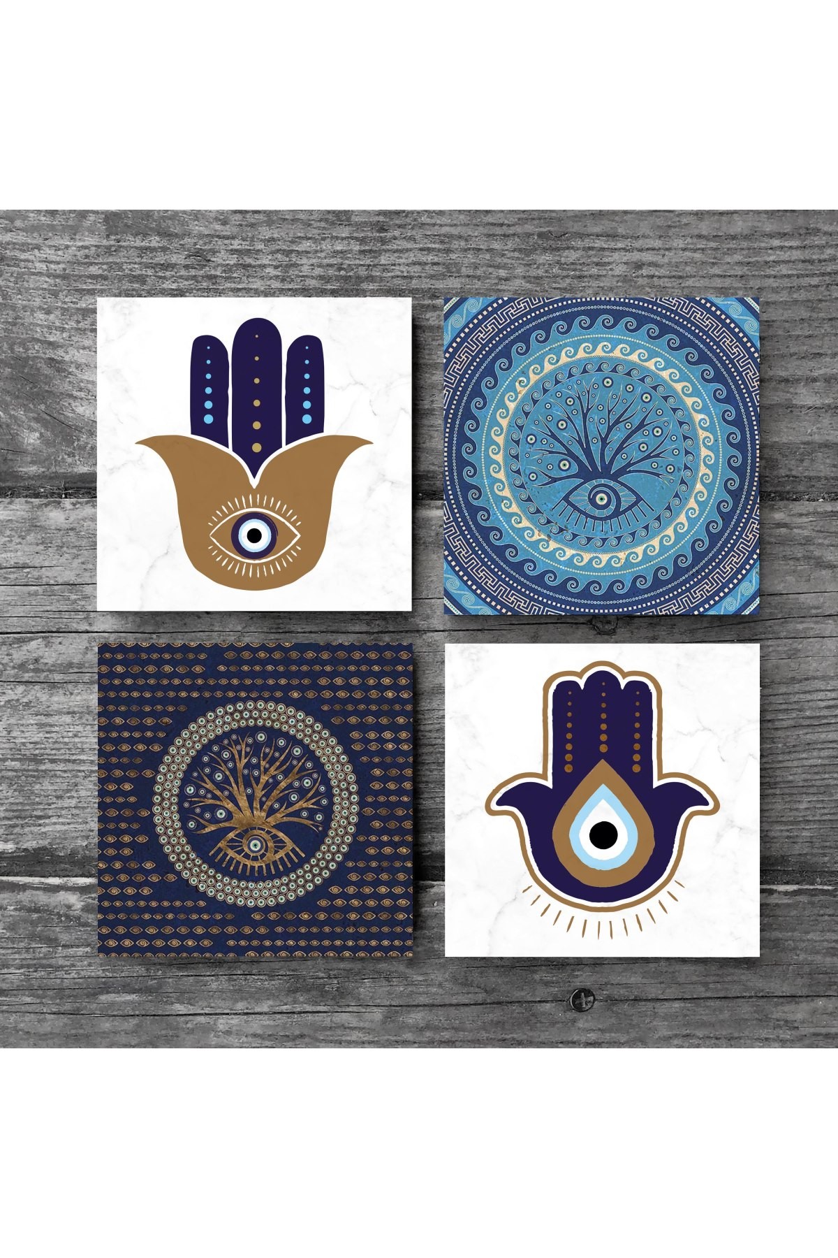 Fatma Ana Eli (Hamsa), Nazar Ağaç Taş Bardak Altlığı Masaüstü Koruyucu Altlık 4 Parça Set 10x10cm Stone Coasters