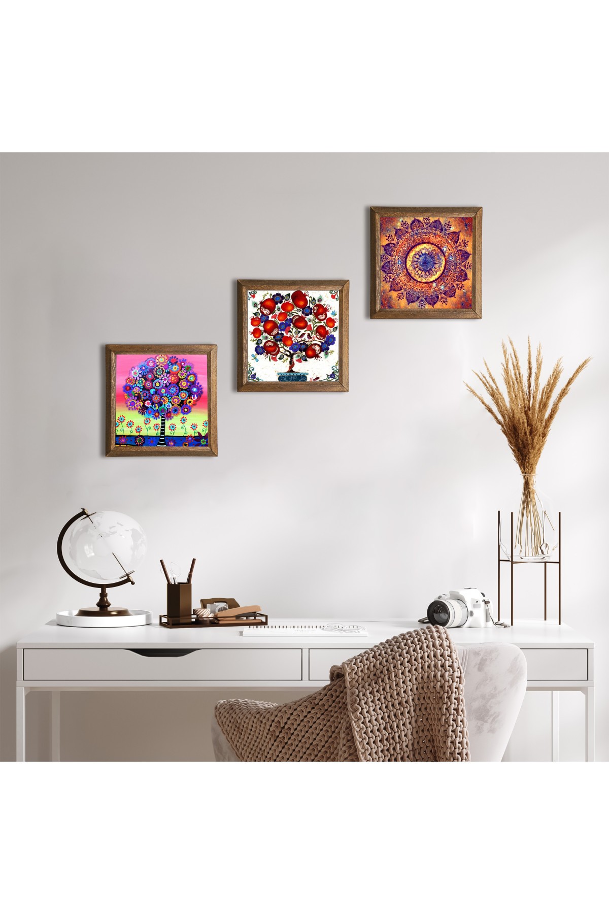 Mandala, Hayat Ağacı, Nar Ağacı Taş Duvar Tablosu Ahşap Çerçeveli Duvar Dekoru 3 Parça Tablo Seti Wall Art