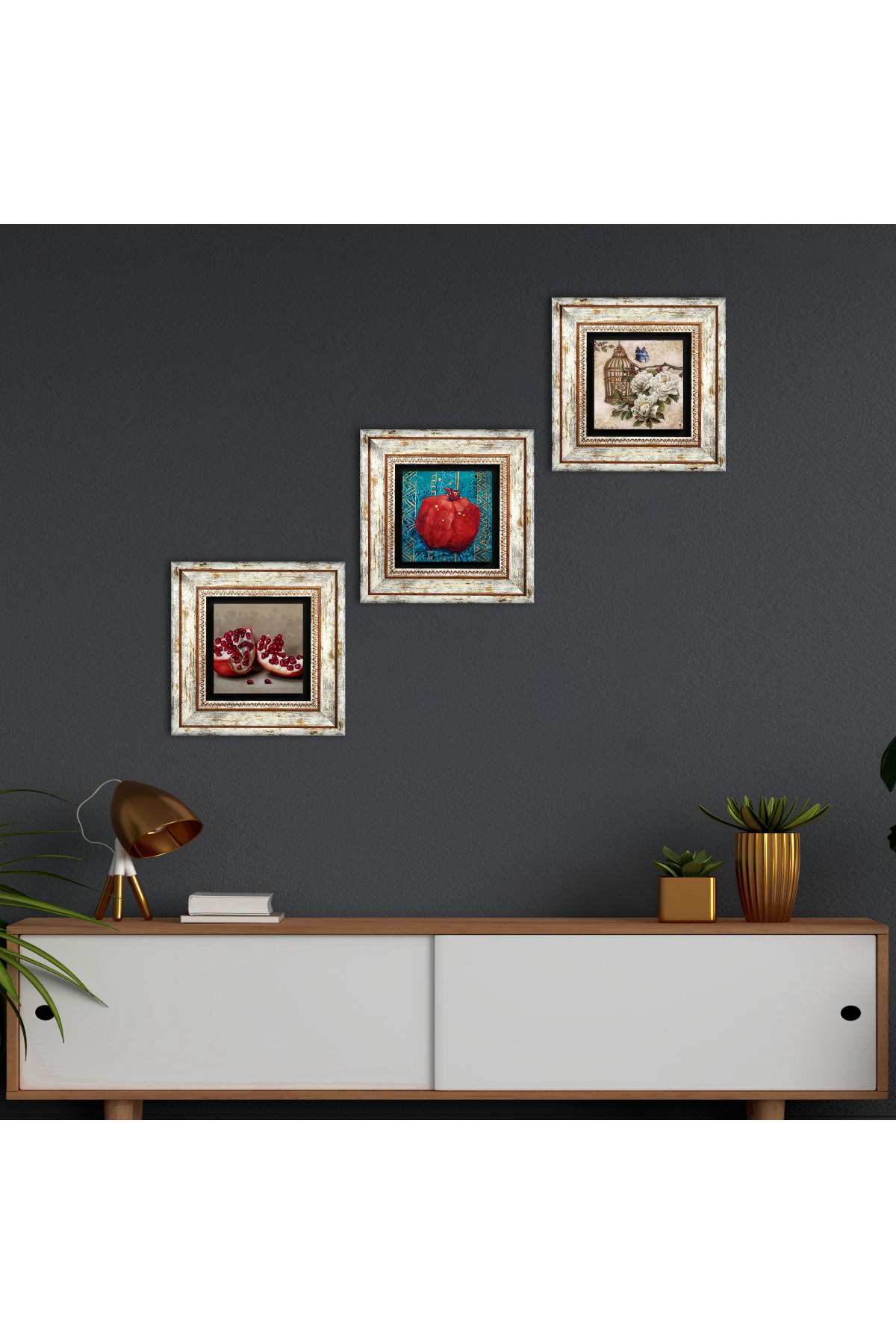 Kelebekli Çiçek, Nar Taş Duvar Tablosu Çerçeveli Duvar Dekoru 3 Parça Tablo Seti Wall Art