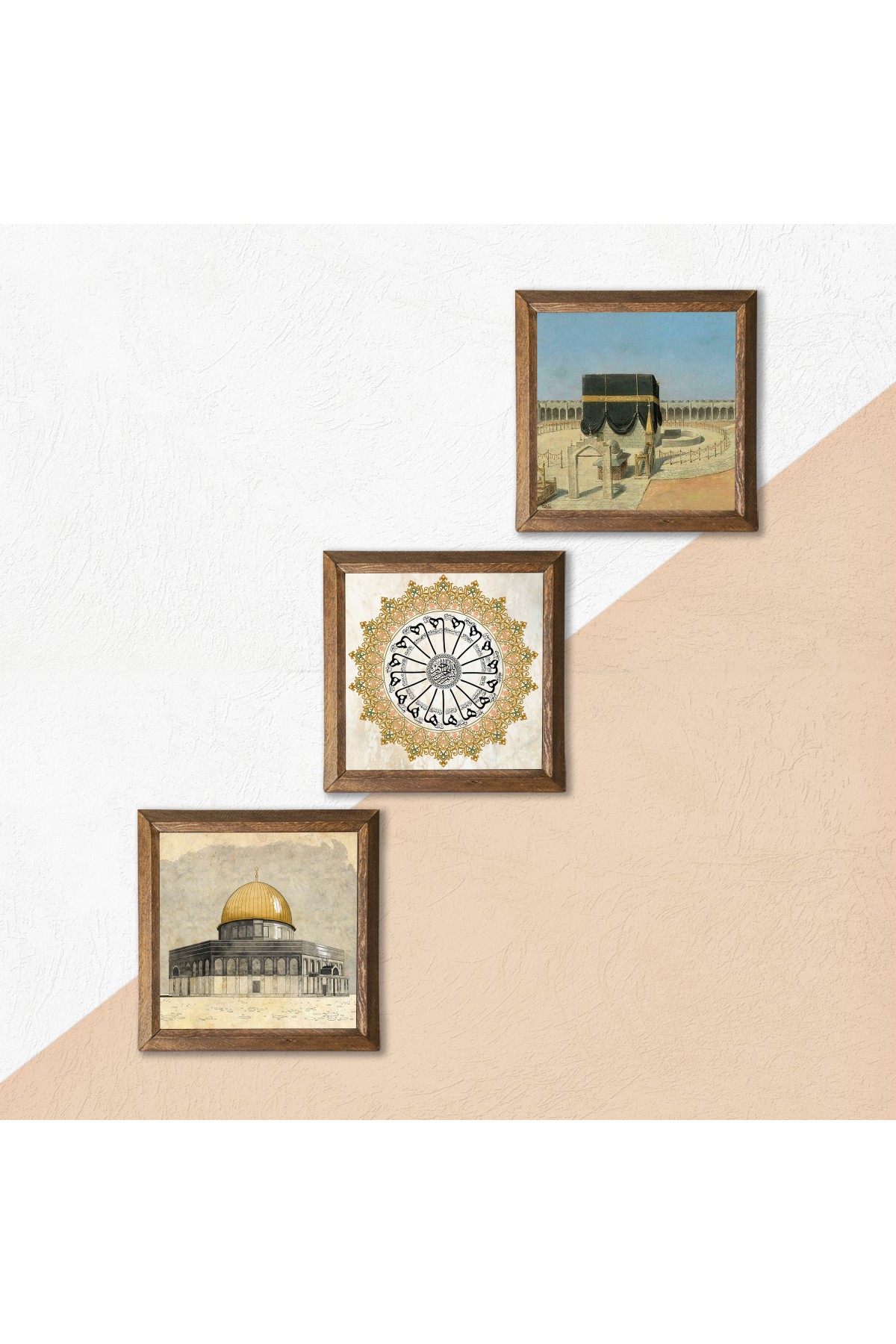 Surah Shams, Kaaba Al-Muazzama, Masjid al-Aqsa Stone Wall Painting Wooden Framed Wall Decoration 3 Piece Painting Set Wall Art