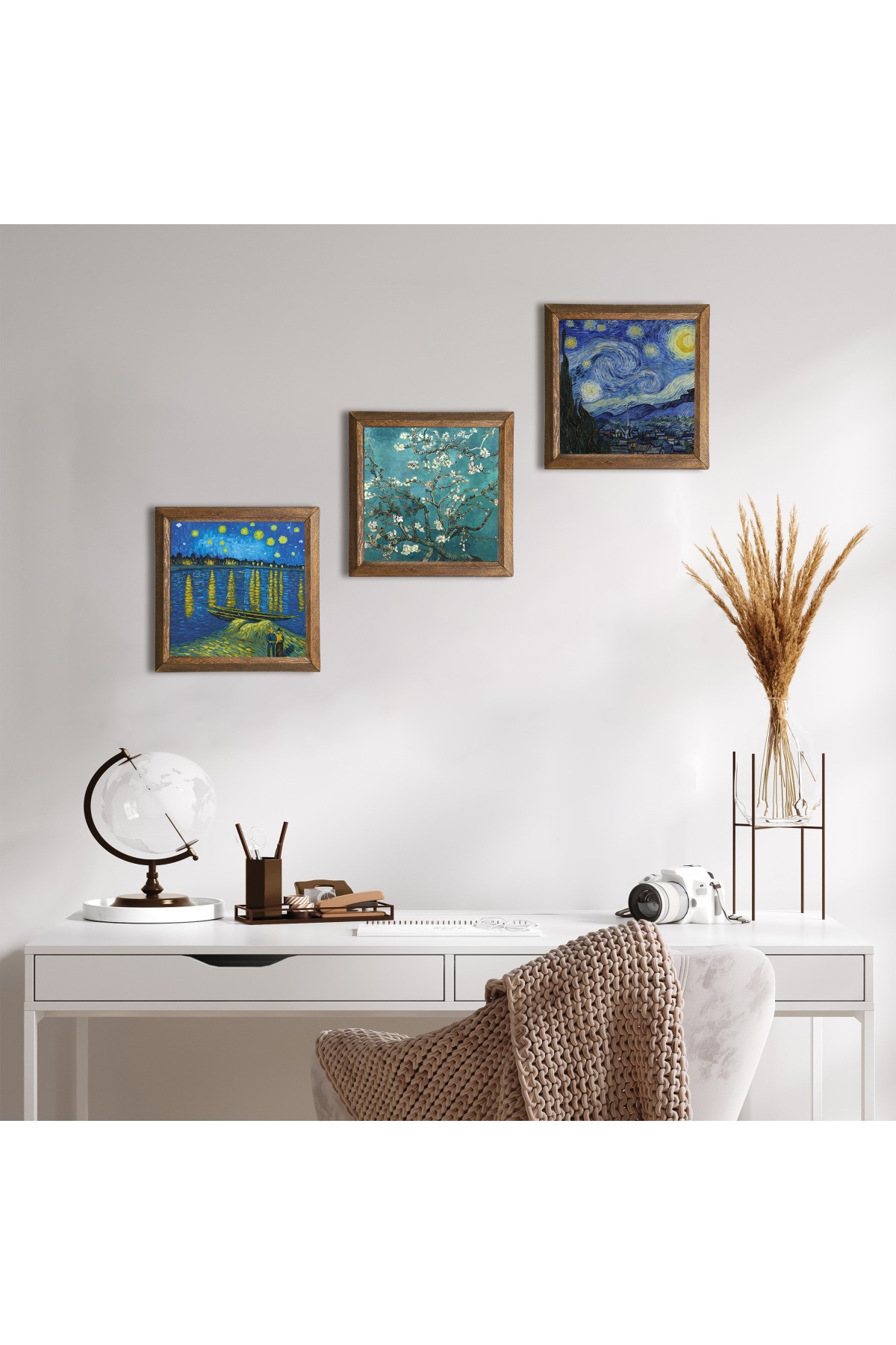 Van Gogh Ren Nehri, Yıldızlı Gece, Badem Ağacı Taş Duvar Tablosu Ahşap Çerçeveli Duvar Dekoru 3 Parça Tablo Seti Wall Art