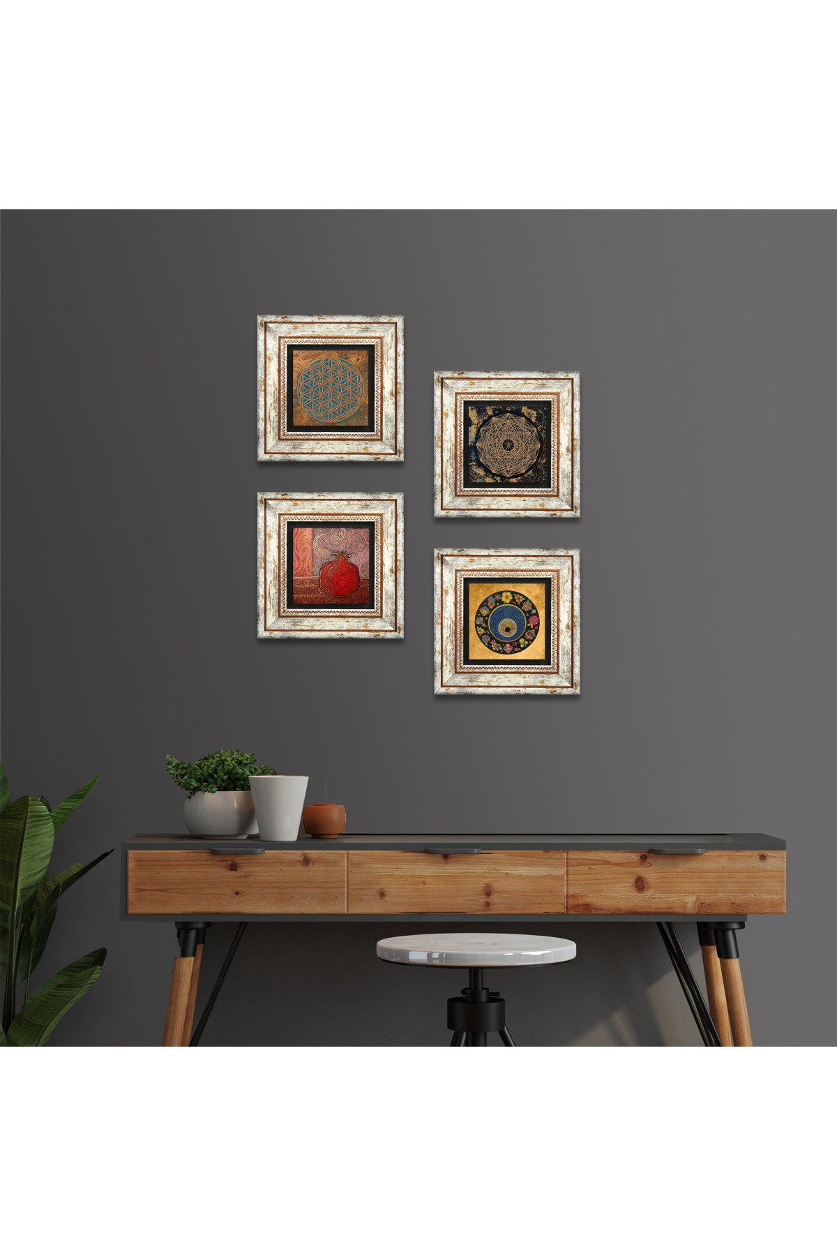 Yaşam Çiçeği, Sri Yantra, Nazar, Nar Taş Duvar Tablosu Çerçeveli Duvar Dekoru 4 Parça Tablo Seti Wall Art