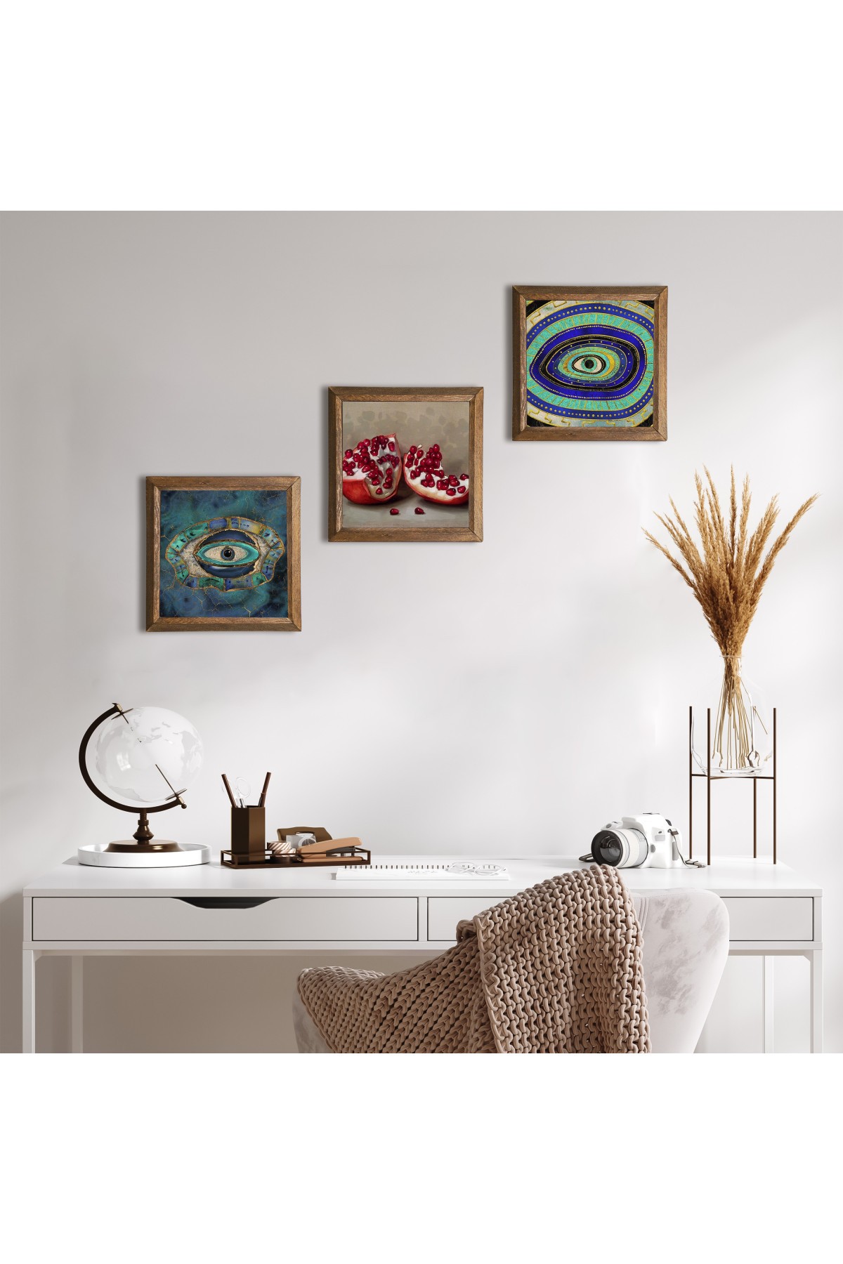 Evil Eye, Pomegranate Stone Wall Painting Wooden Framed Wall Decor 3 Piece Painting Set Wall Art