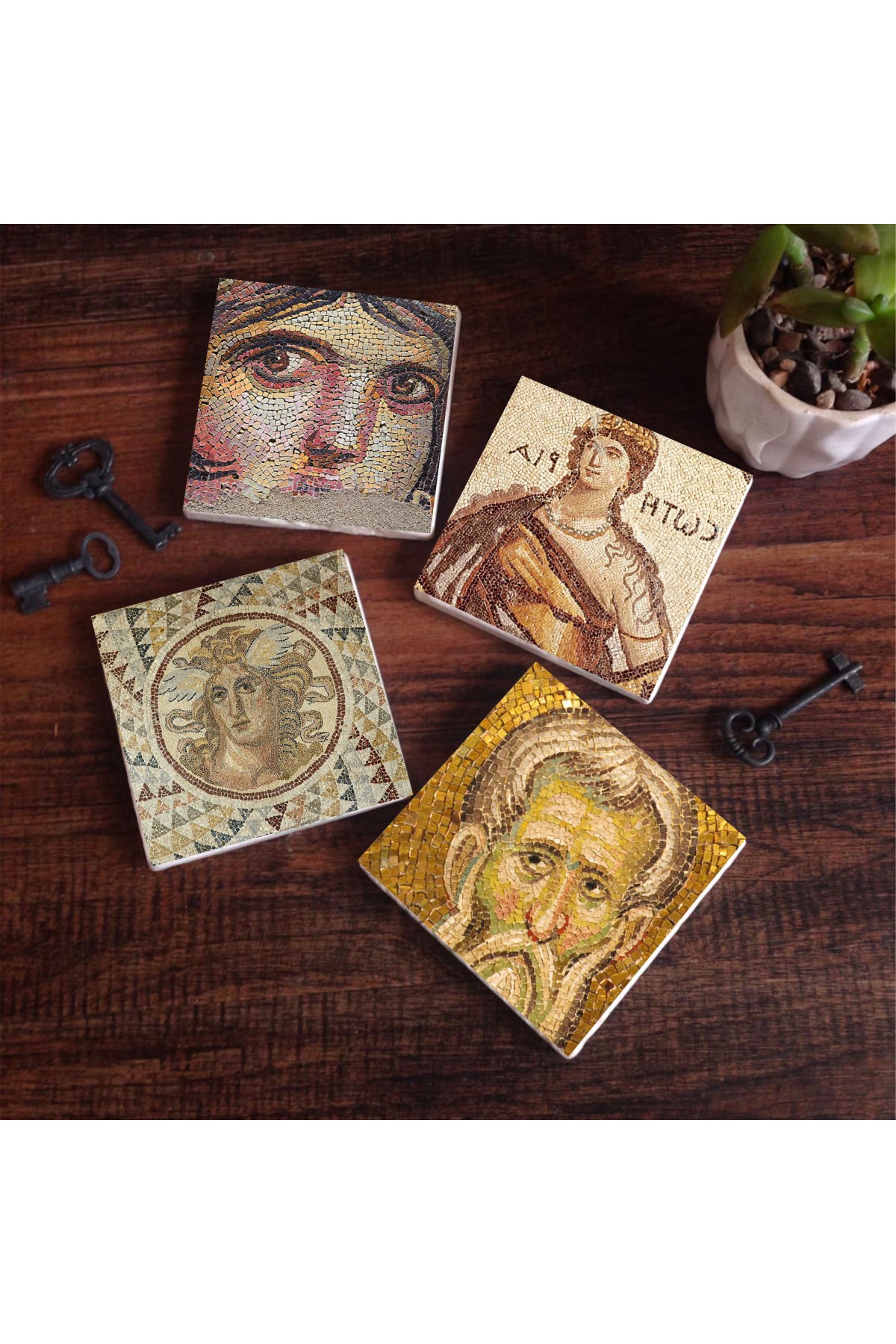 Soteria Mosaic, Gypsy Girl, Mosaic Series Stone Coasters Desktop Protective Coasters 4 Piece Set 10x10cm Stone Coasters