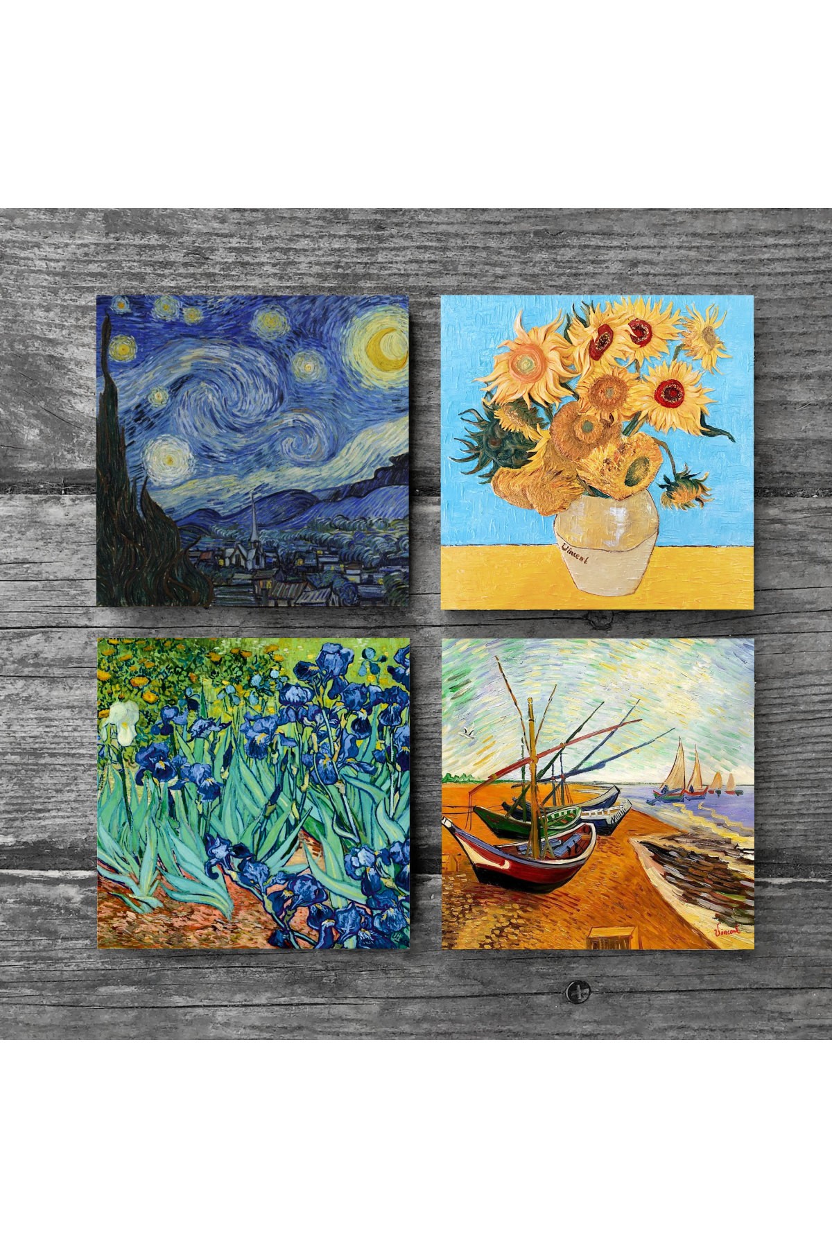 Van Gogh Balıkçı Tekneleri, On İki Ayçiçekli Vazo, İrisler, Yıldızlı Gece Taş Bardak Altlığı Masaüstü Koruyucu Altlık 4 Parça Set 10x10cm Stone Coasters