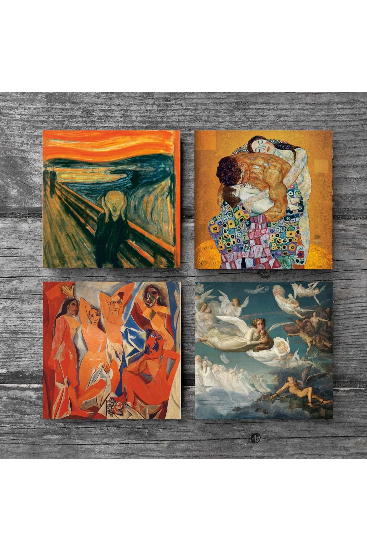 Picasso Avignonlu Kızlar, Çığlık, Klimt Aile Kucaklama, Ruhların Geçişi Taş Bardak Altlığı Masaüstü Koruyucu Altlık 4 Parça Set 10x10cm Stone Coasters