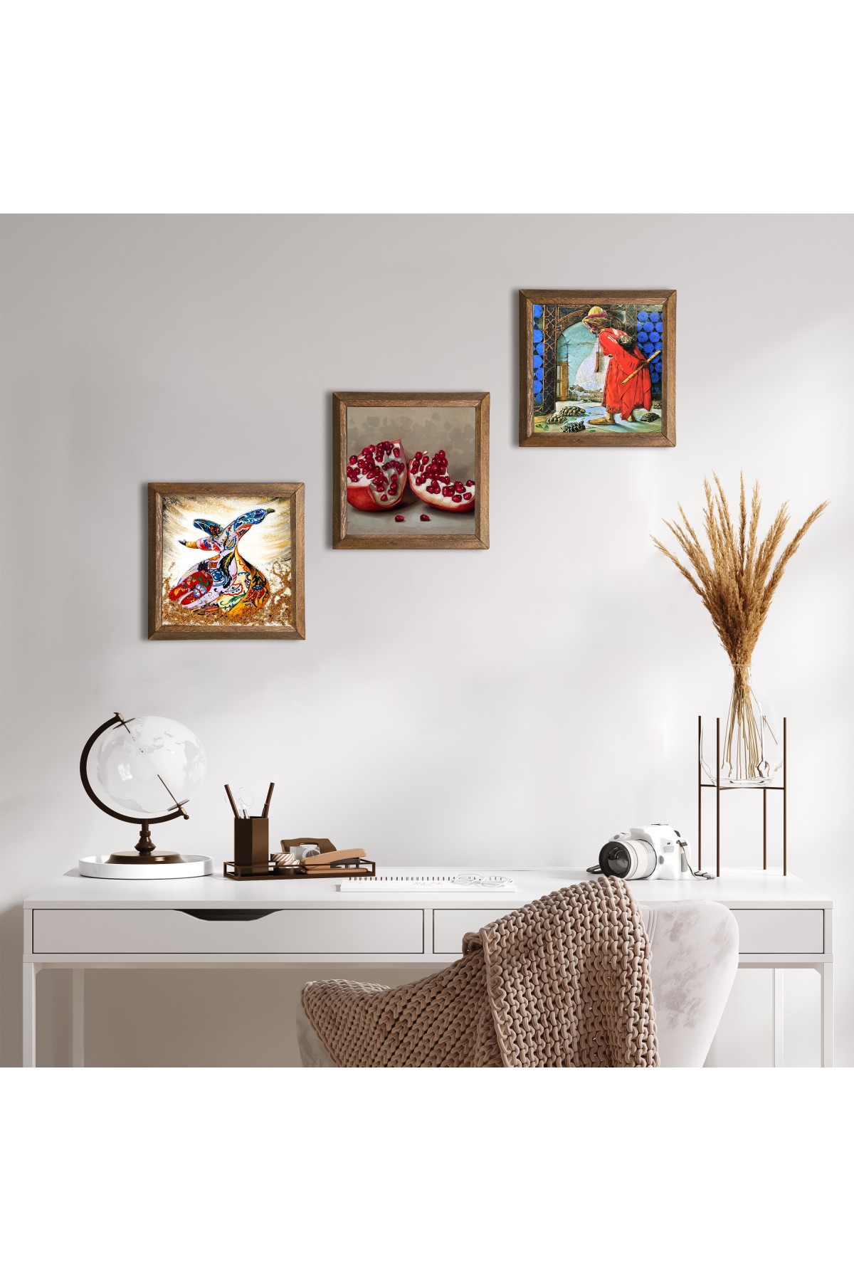 Turtle Trainer, Whirling Dervish, Pomegranate Stone Wall Painting Wooden Framed Wall Decor 3 Piece Painting Set Wall Art