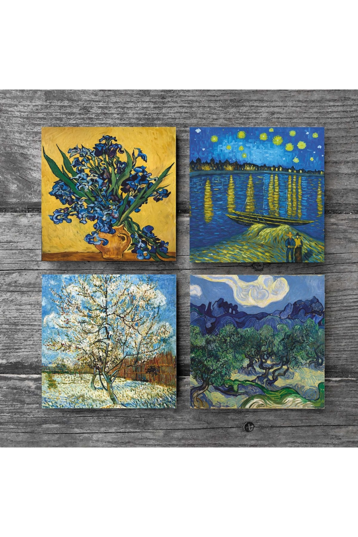 Van Gogh Zeytin Ağaçları, Şeftali Ağacı, Ren Nehri’nde Yıldızlı Gece, Süsenler Taş Bardak Altlığı Masaüstü Koruyucu Altlık 4 Parça Set 10x10cm Stone Coasters