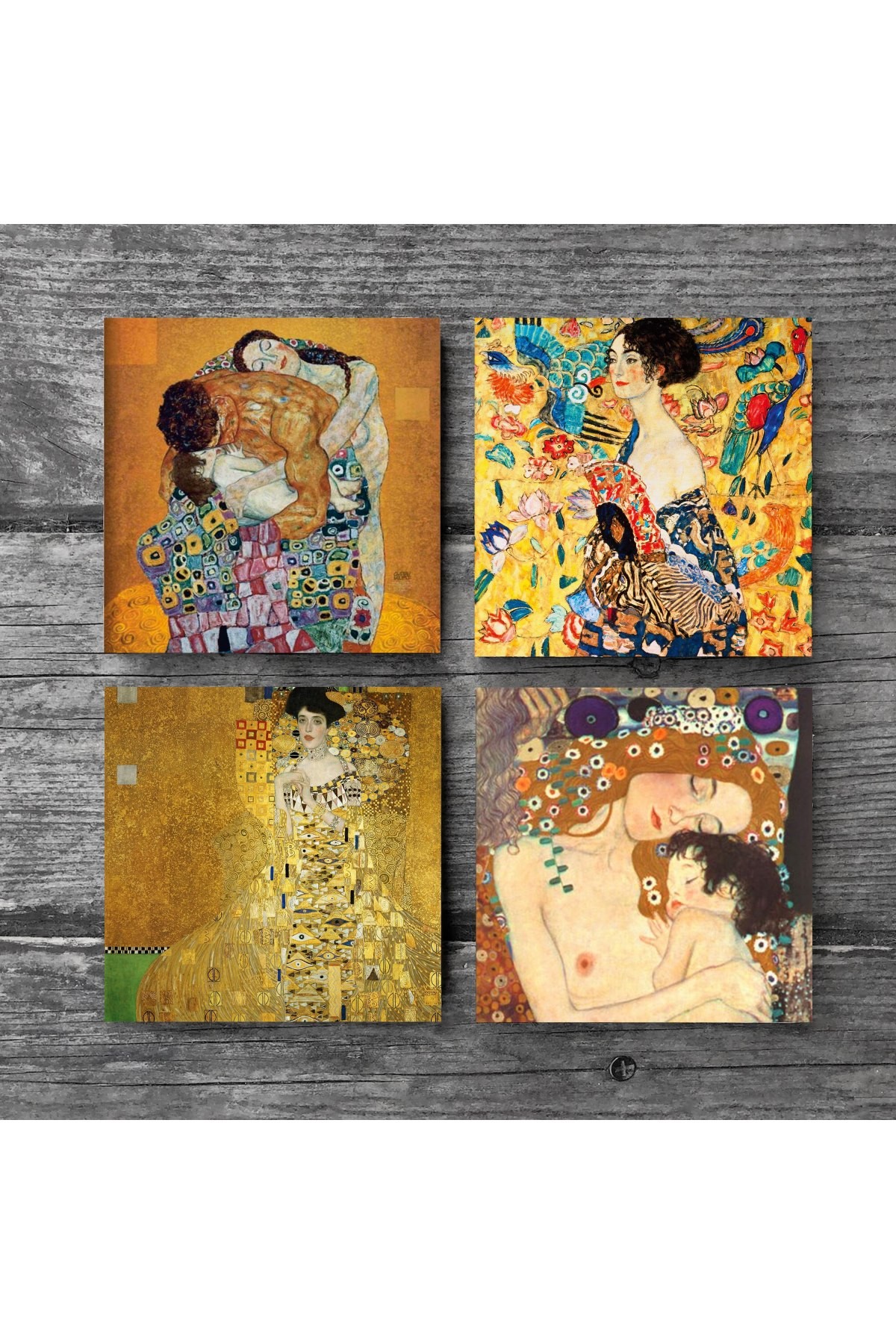 Gustav Klimt Yelpazeli Kadın, Bauer'in Portresi, Aile Kucaklama, Anne Çocuk Taş Bardak Altlığı Masaüstü Koruyucu Altlık 4 Parça Set 10x10cm Stone Coasters