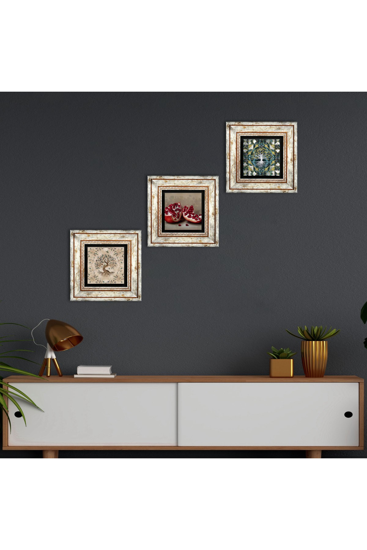 Hayat Ağacı, Nar Taş Duvar Tablosu Çerçeveli Duvar Dekoru 3 Parça Tablo Seti Wall Art