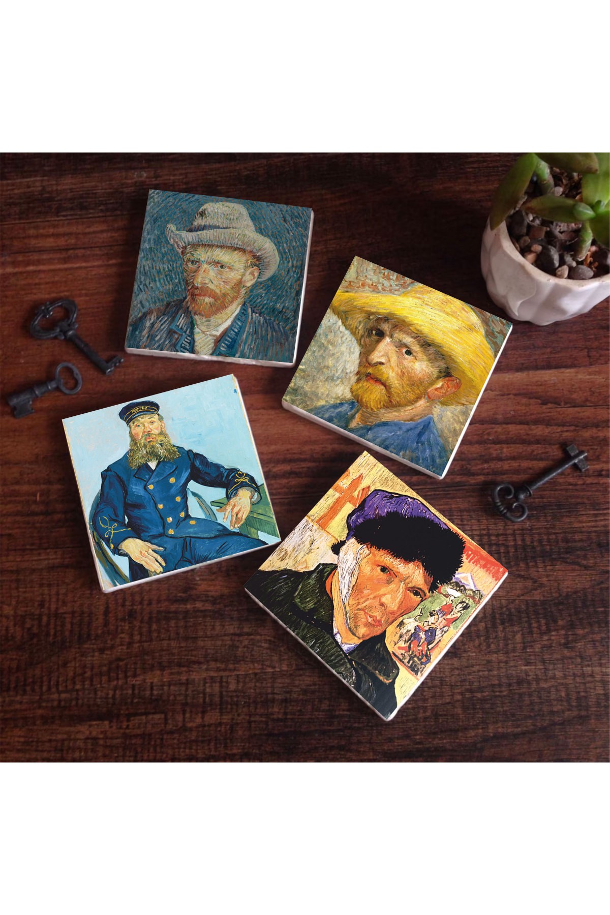 Van Gogh Self-Portrait Stone Coasters Desktop Protective Coasters 4 Piece Set 10x10cm Stone Coasters