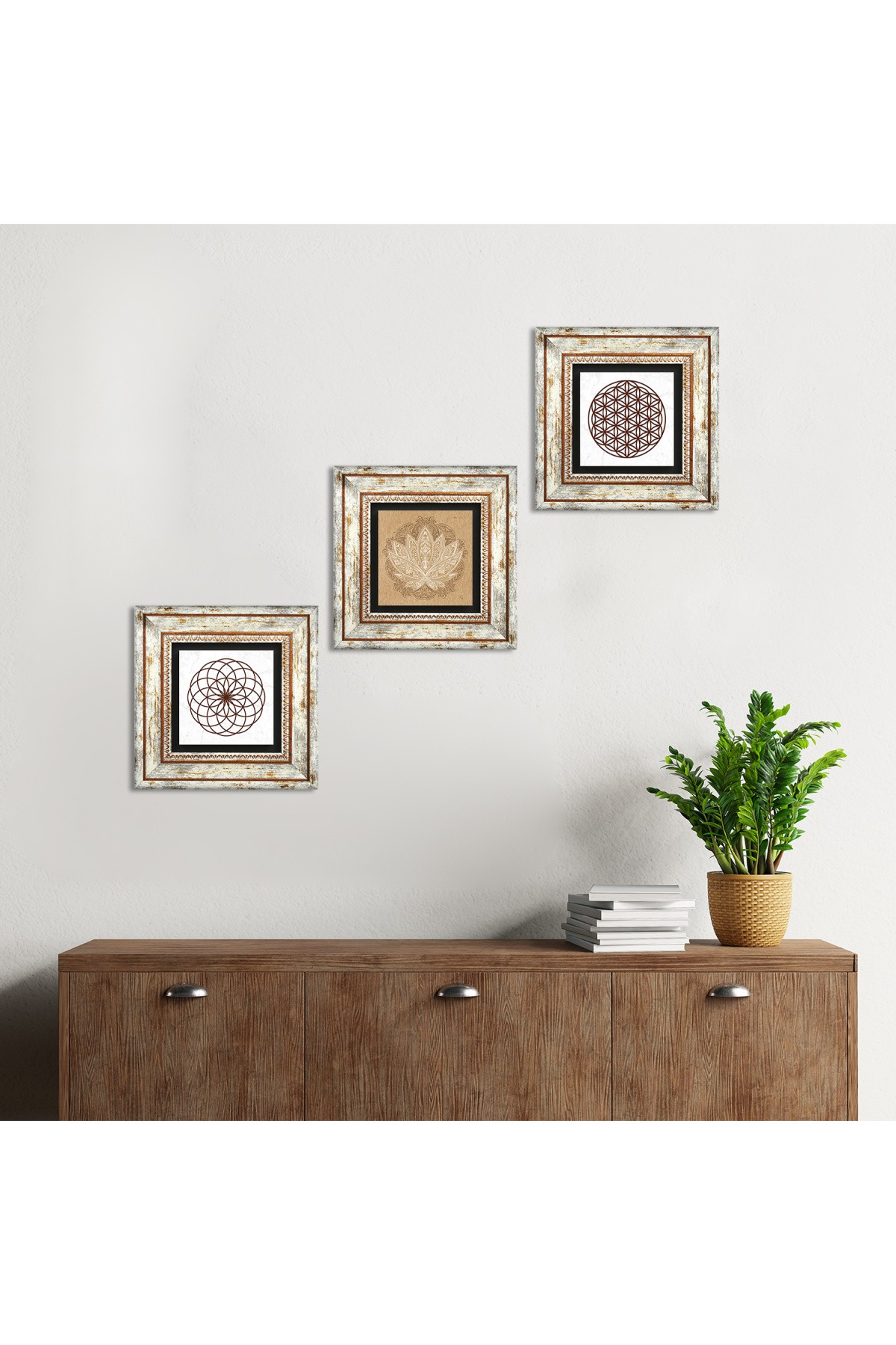 Lotus Çiçeği, Yaşam Çiçeği Taş Duvar Tablosu Çerçeveli Duvar Dekoru 3 Parça Tablo Seti Wall Art