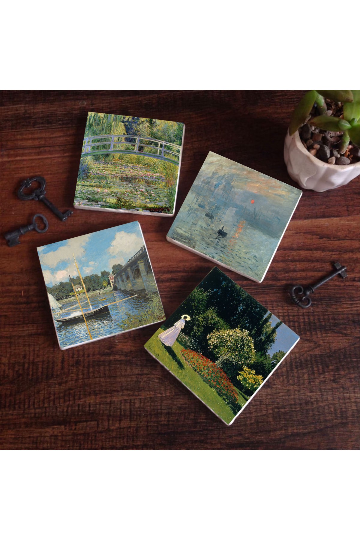 Monet Bahçedeki Kadın, Argenteuil'de Köprü, İzlenim Gün Doğumu, Nilüfer Gölü Taş Bardak Altlığı Masaüstü Koruyucu Altlık 4 Parça Set 10x10cm Stone Coasters