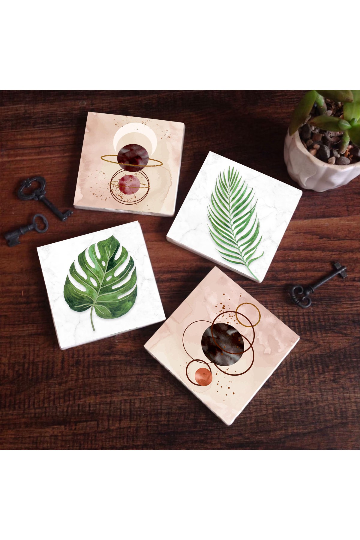 Minimalist Abstract, Leaf Stone Coasters Desktop Protective Coasters 4 Piece Set 10x10cm Stone Coasters