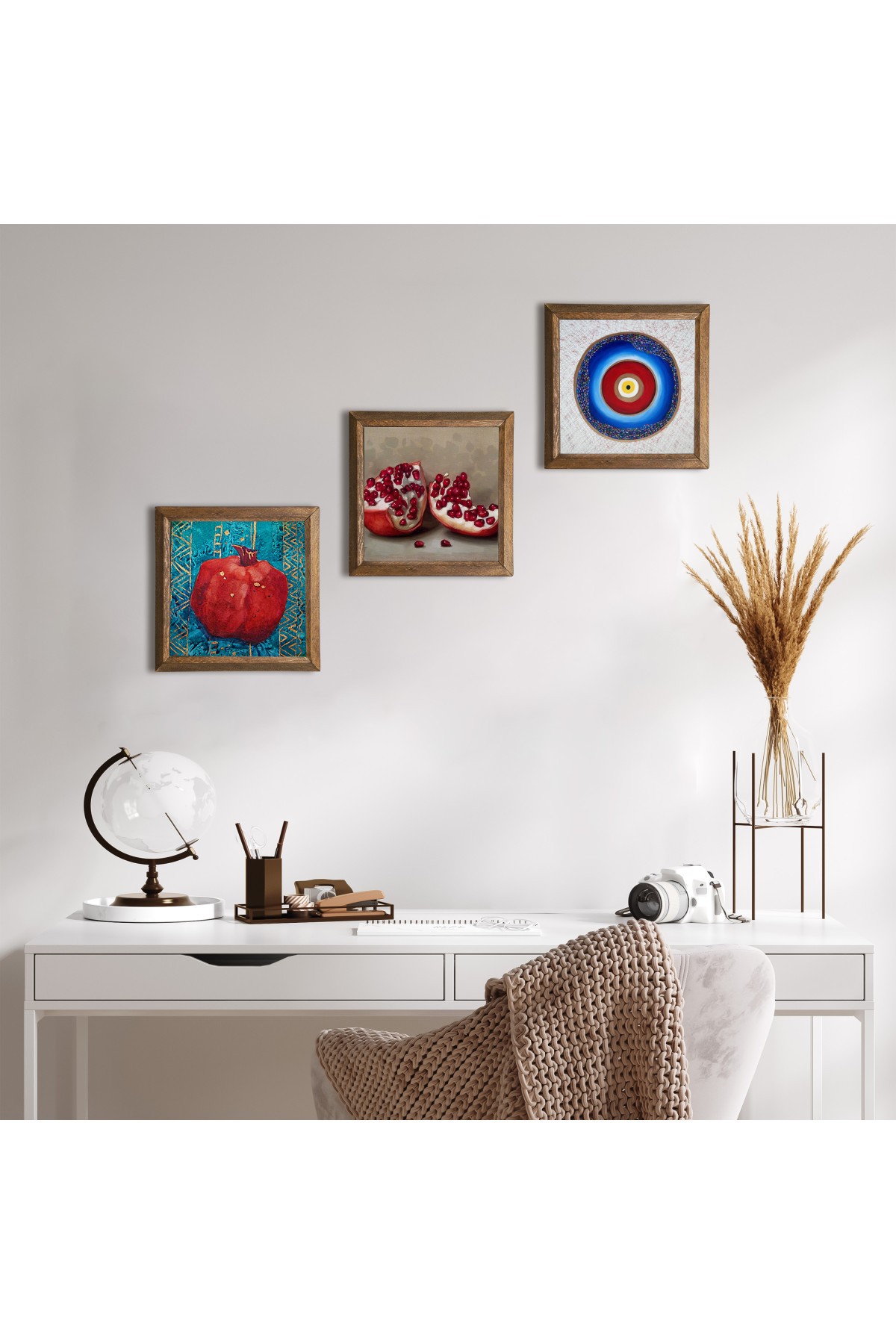 Evil Eye, Pomegranate Stone Wall Painting Wooden Framed Wall Decor 3 Piece Painting Set Wall Art