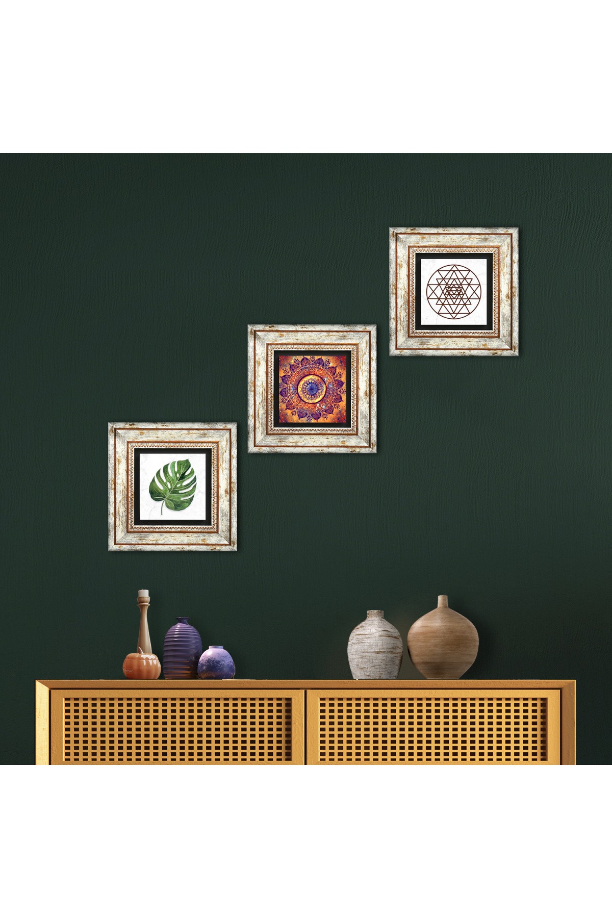 Mandala, Leaf, Sri Yantra Stone Wall Painting Framed Wall Decor 3 Piece Painting Set Wall Art