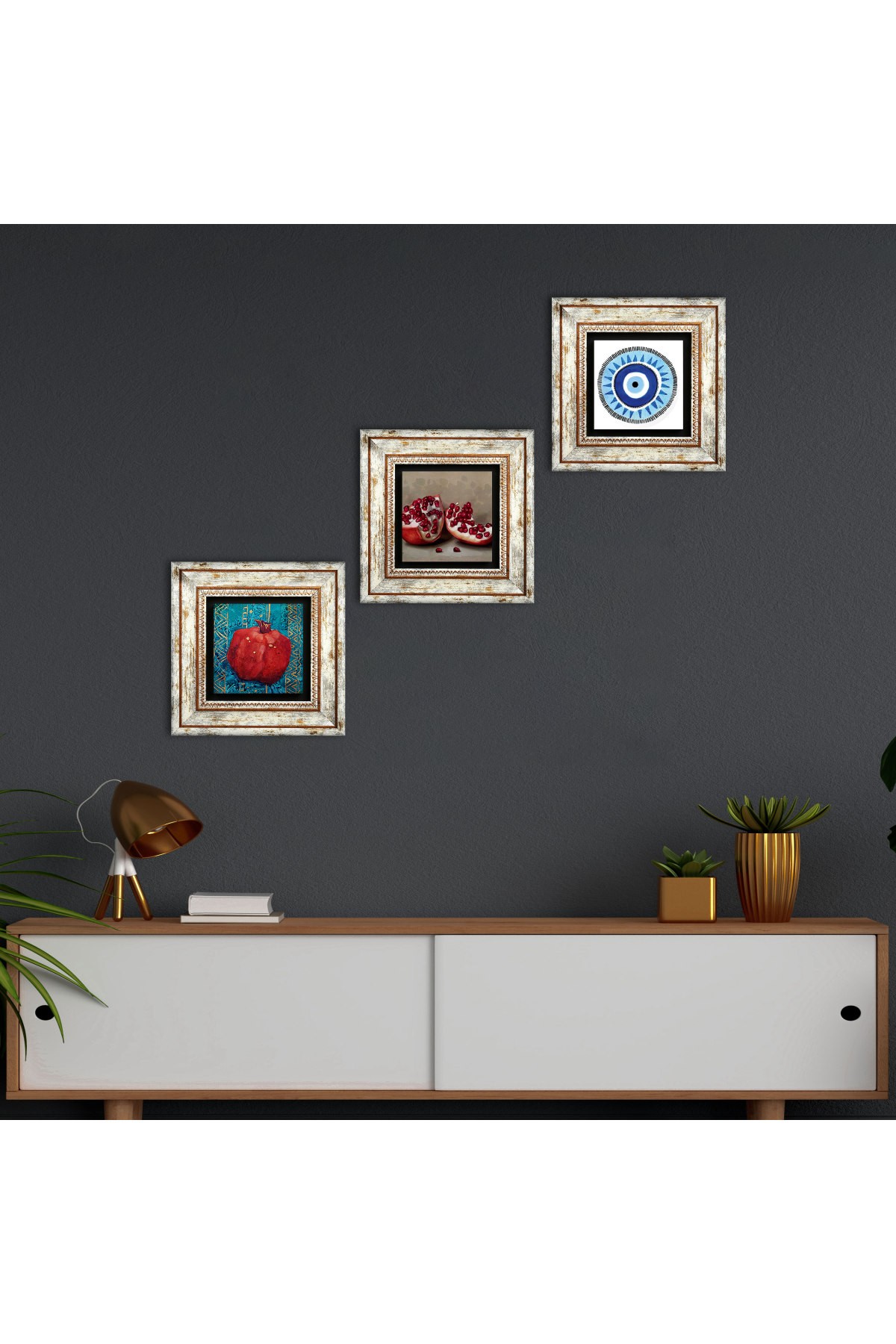 Evil Eye, Pomegranate Stone Wall Painting Framed Wall Decor 3 Piece Painting Set Wall Art