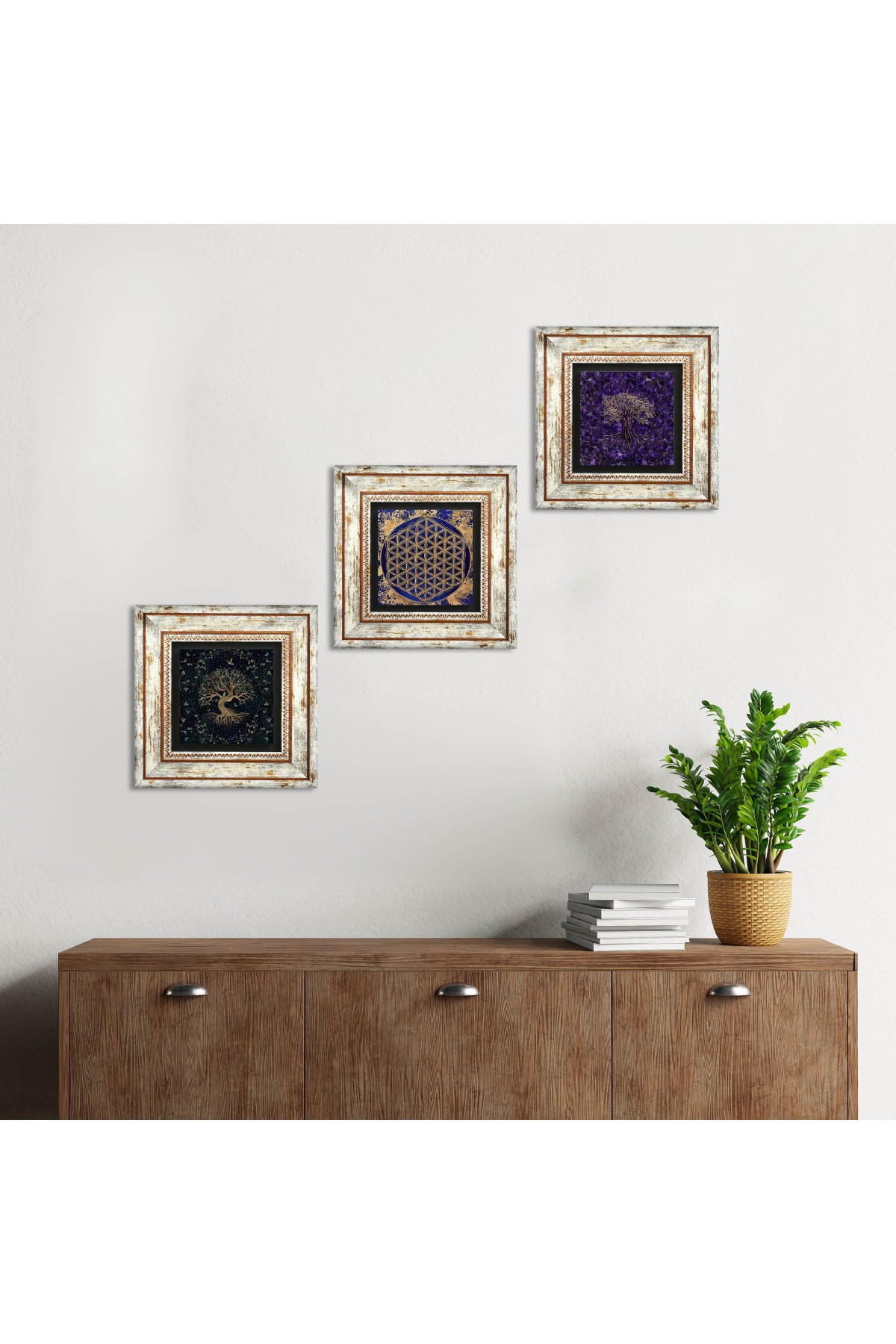 Flower of Life, Tree of Life Stone Wall Painting Framed Wall Decor 3 Piece Painting Set Wall Art