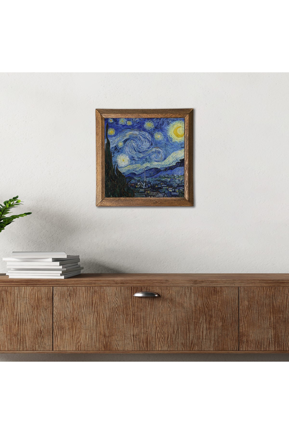 Vincent van Gogh Yıldızlı Gece Taş Duvar Tablosu Ahşap Çerçeveli Duvar Dekoru Wall Art 25x25cm