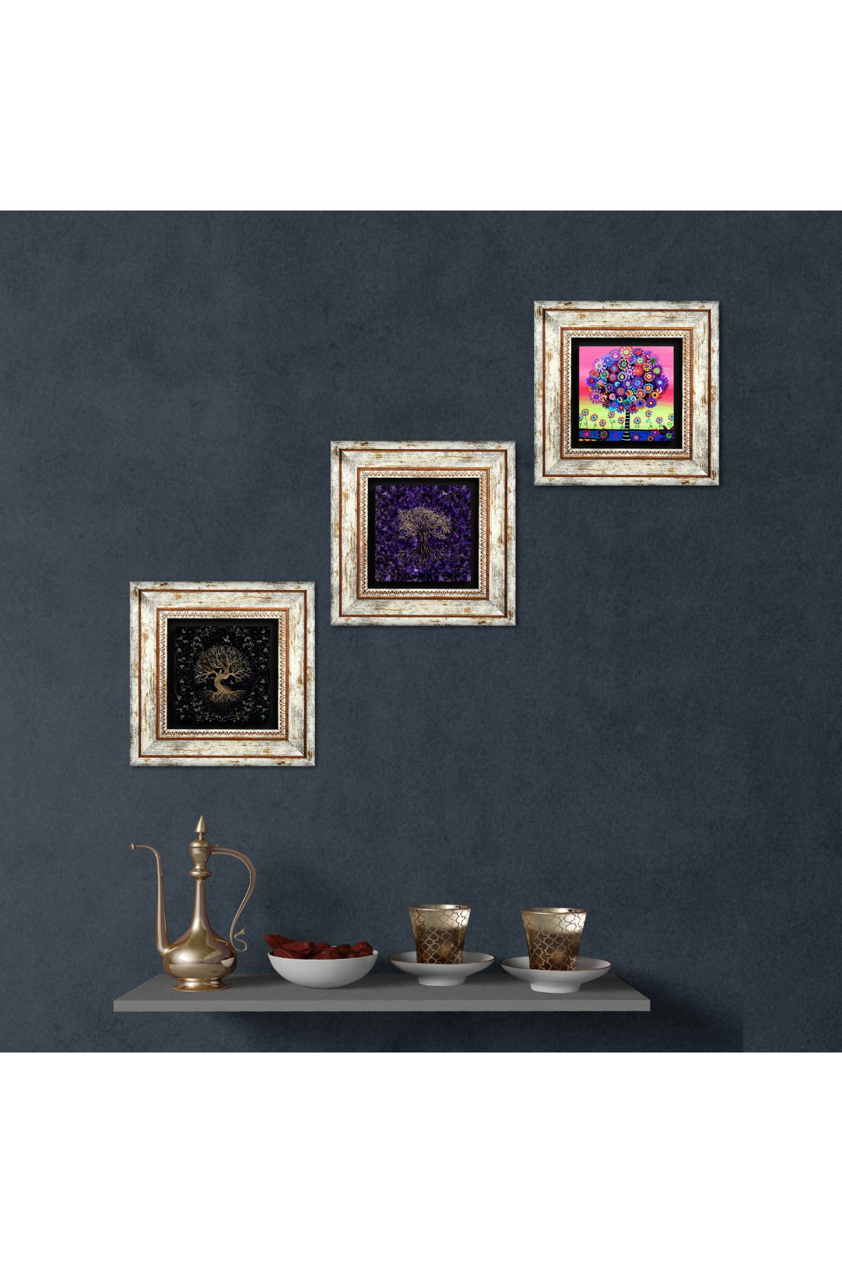 Hayat Ağacı Taş Duvar Tablosu Çerçeveli Duvar Dekoru 3 Parça Tablo Seti Wall Art