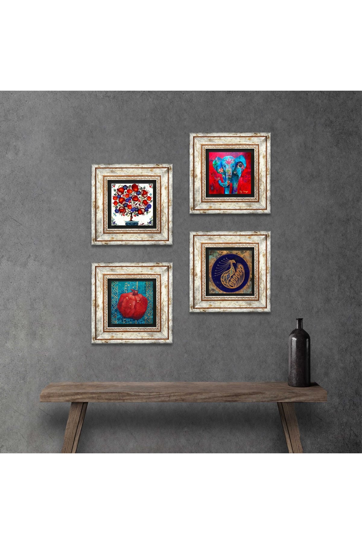 Elephant, Peacock, Pomegranate Tree, Pomegranate Stone Wall Painting Framed Wall Decor 4 Piece Painting Set Wall Art