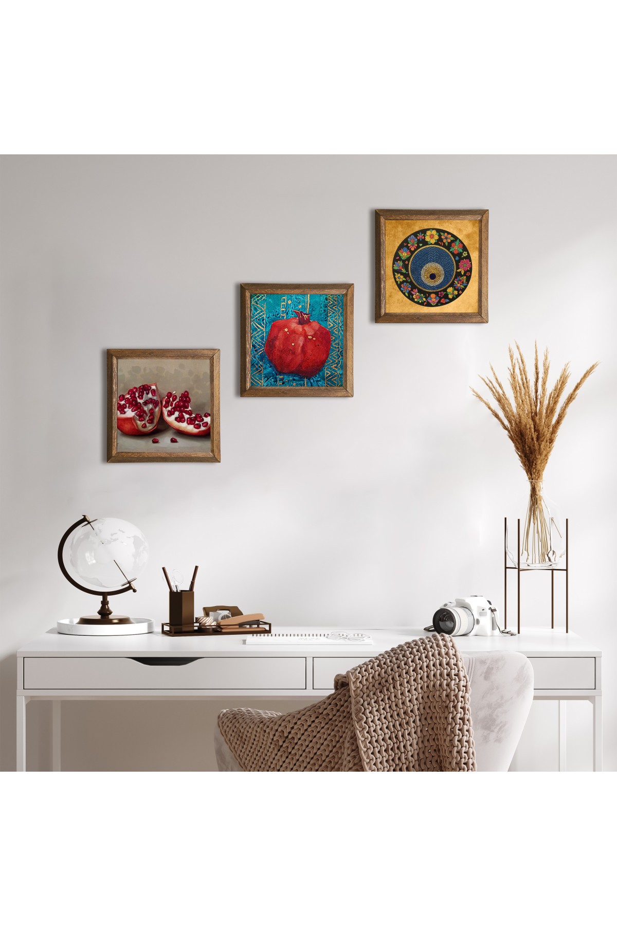 Nazar Boncuğu, Nar Taş Duvar Tablosu Ahşap Çerçeveli Duvar Dekoru 3 Parça Tablo Seti Wall Art