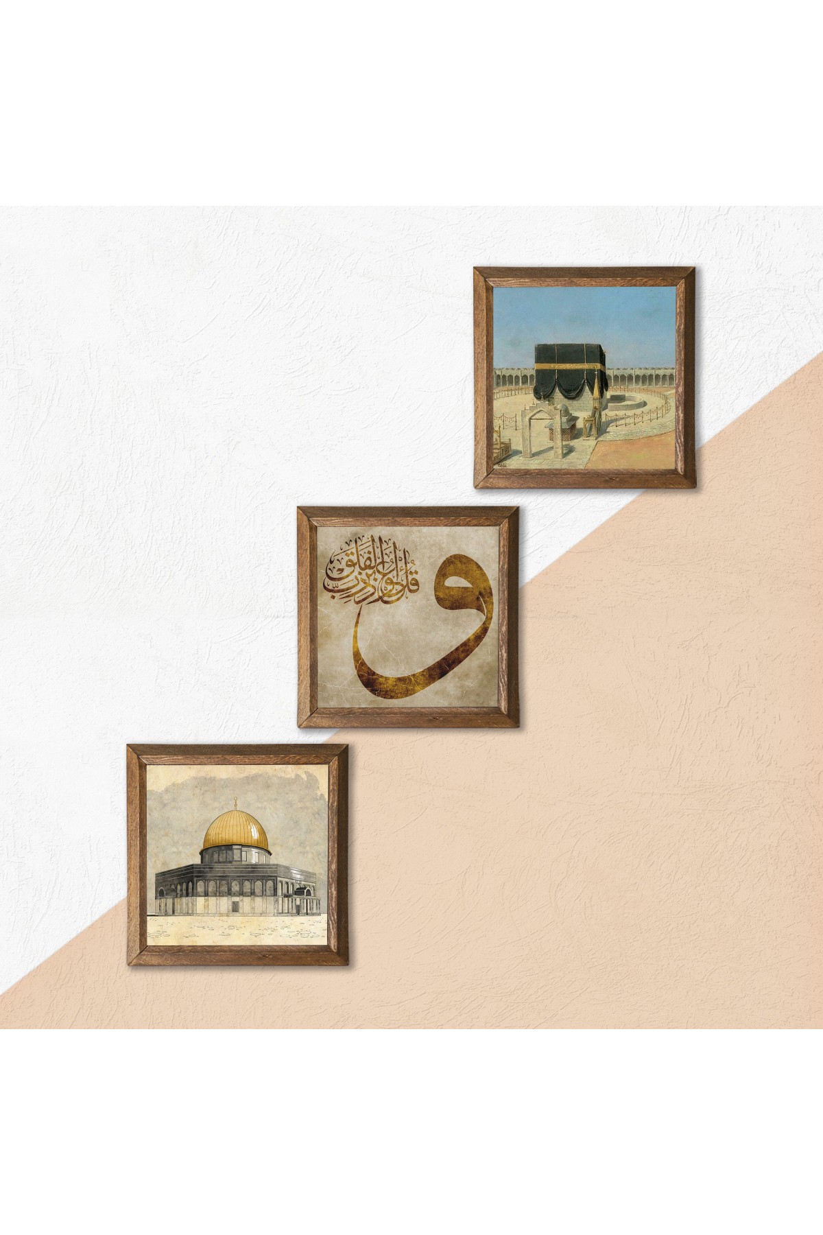 Kaaba-i Muazzama, Masjid al-Aqsa, Vav Stone Wall Painting Wooden Framed Wall Decor 3 Piece Painting Set Wall Art