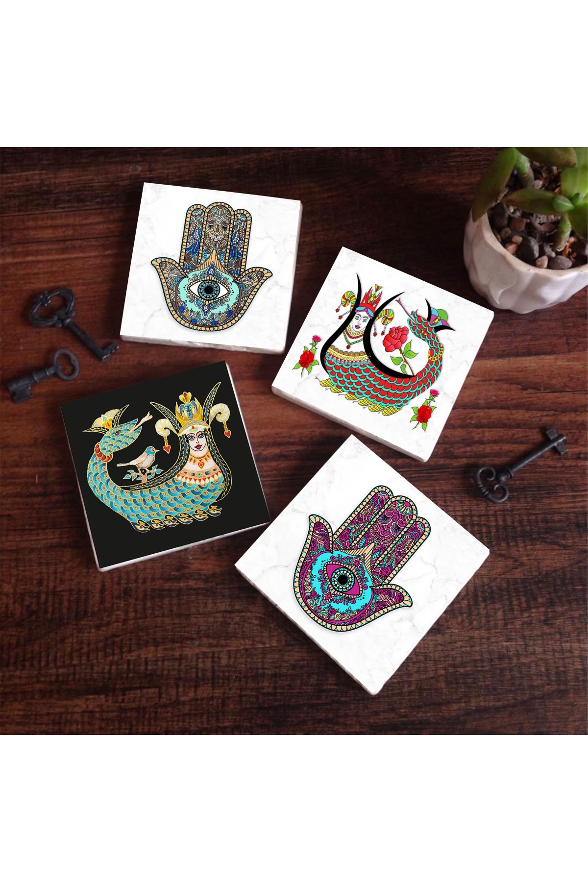 Shahmaran, Mother of Fatima Hand (Hamsa) Stone Coaster Desktop Protective Coaster 4 Piece Set 10x10cm Stone Coasters