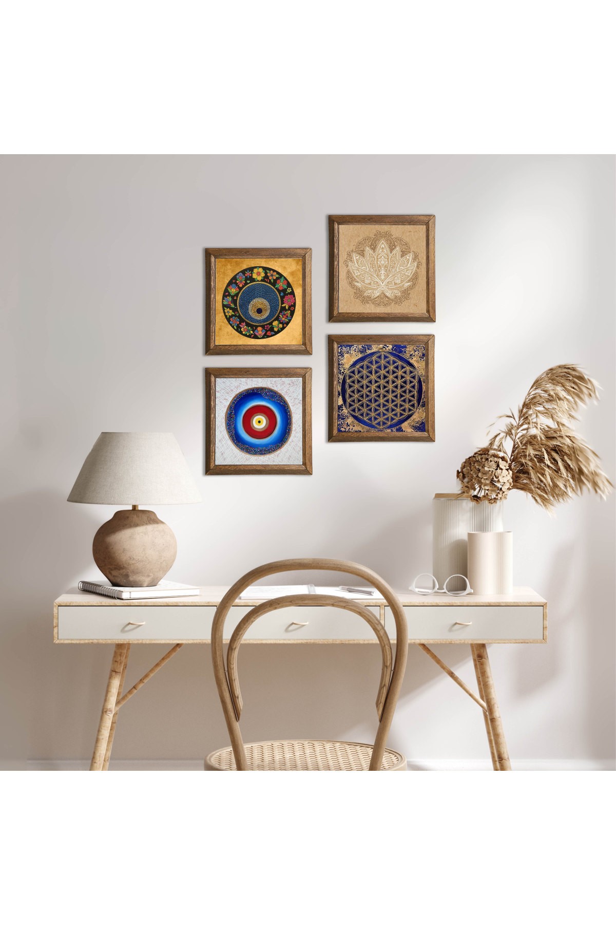 Lotus Çiçeği, Yaşam Çiçeği, Nazar Taş Duvar Tablosu Ahşap Çerçeveli Duvar Dekoru 4 Parça Tablo Seti Wall Art