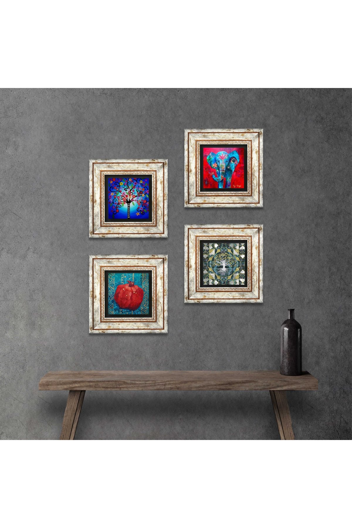 Elephant, Tree of Life, Pomegranate Stone Wall Painting Framed Wall Decor 4 Piece Painting Set Wall Art