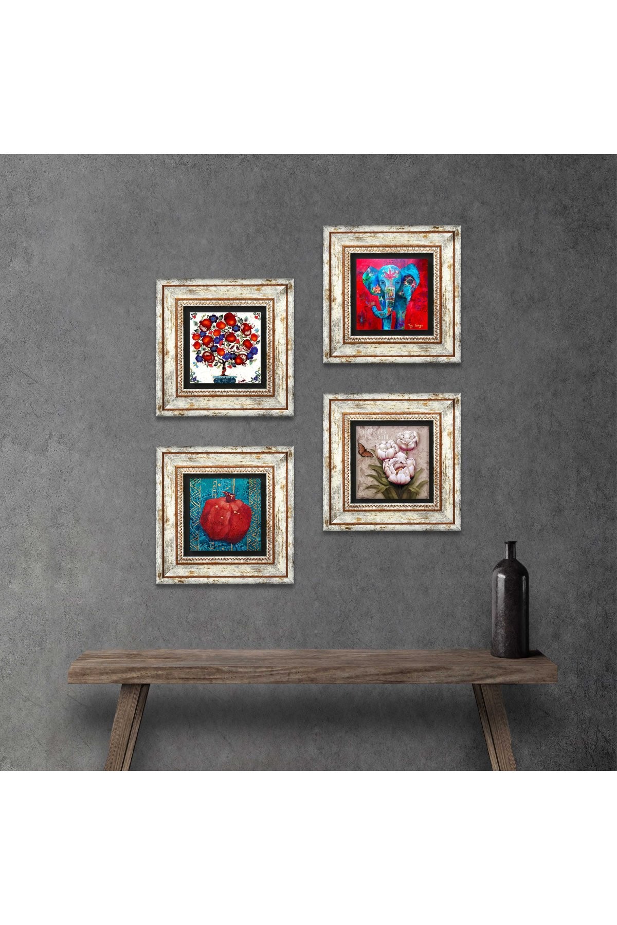 Elephant, Butterfly Flower, Pomegranate Tree, Pomegranate Stone Wall Painting Framed Wall Decor 4 Piece Painting Set Wall Art