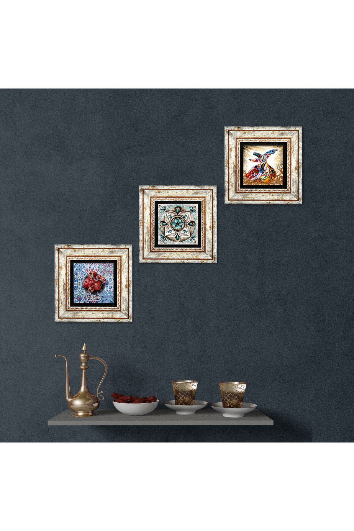 Tile Art, Whirling Dervish, Pomegranate Stone Wall Painting Framed Wall Decor 3 Piece Painting Set Wall Art