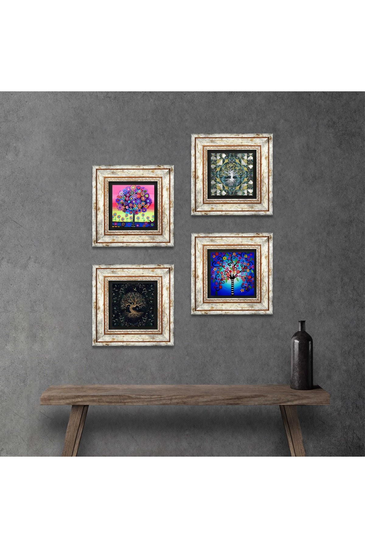 Tree of Life Stone Wall Painting Framed Wall Decor 4 Piece Painting Set Wall Art