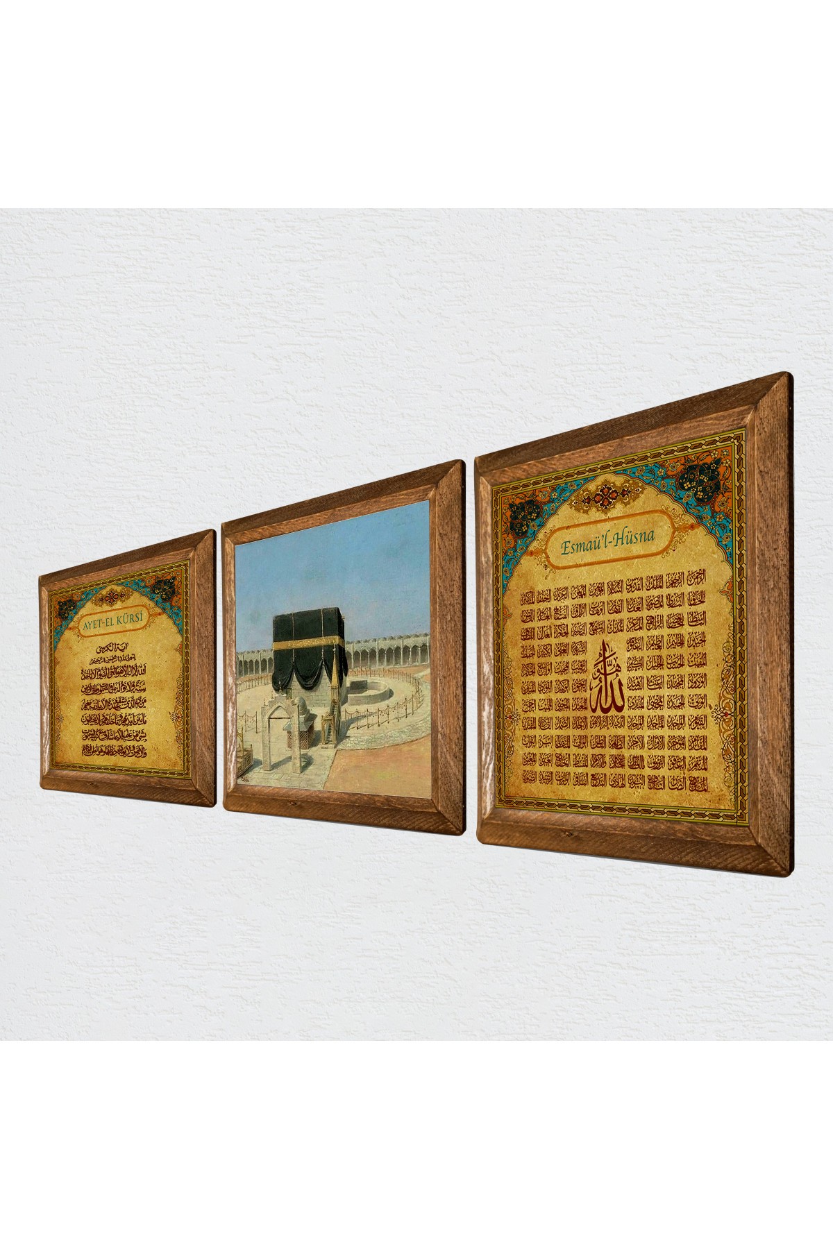 Kaaba-i Muazzama, Ayat al-Kursi, Esma'ul Husna Stone Wall Painting Wooden Framed Wall Decoration 3 Piece Painting Set Wall Art