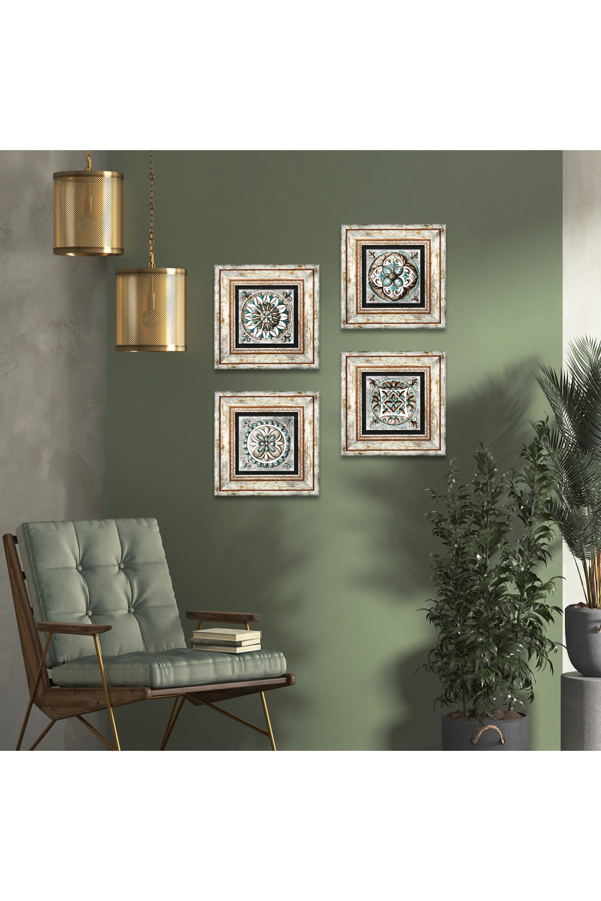 Çini Sanatı Taş Duvar Tablosu Çerçeveli Duvar Dekoru 4 Parça Tablo Seti Wall Art