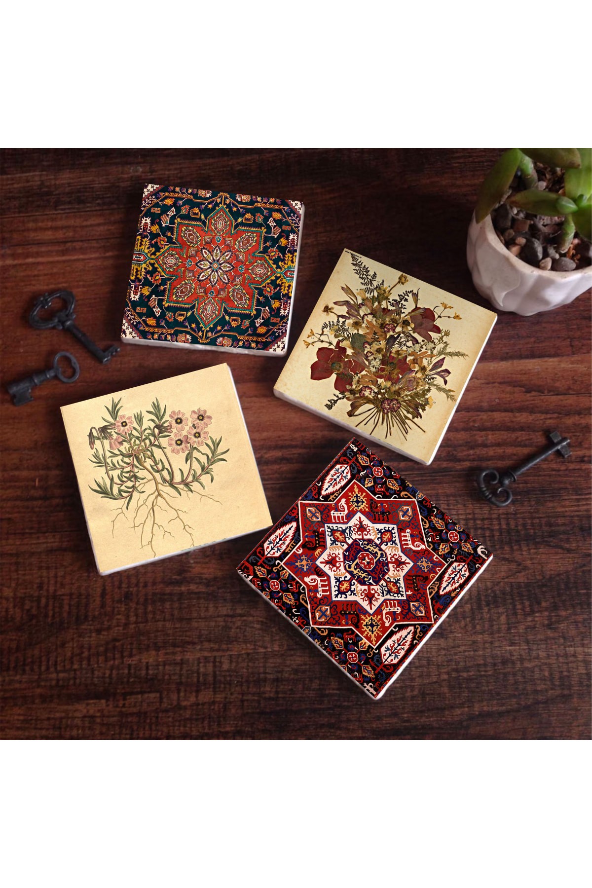 Vintage Çiçek, Desen Taş Bardak Altlığı Masaüstü Koruyucu Altlık 4 Parça Set 10x10cm Stone Coasters