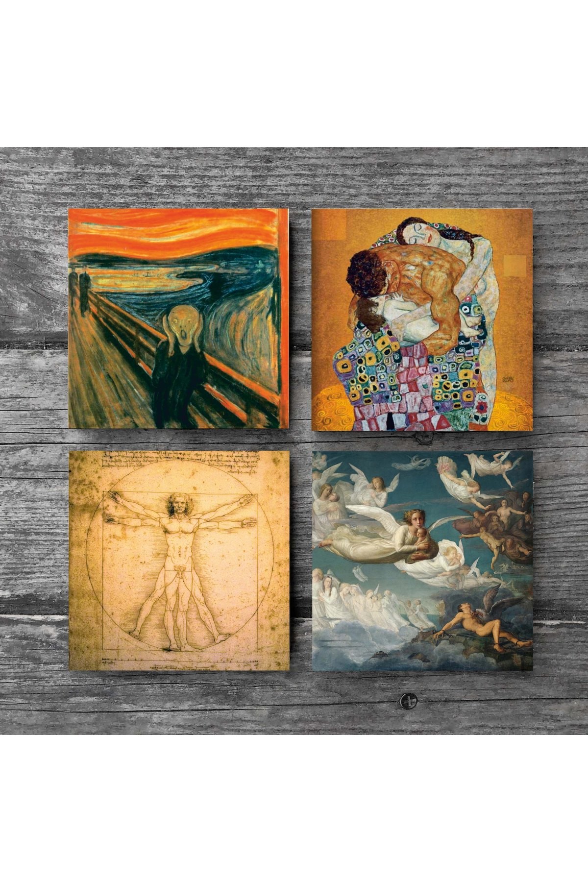 Çığlık, Klimt Aile Kucaklama, Ruhların Geçişi, Da Vinci Vitruvius Adamı Taş Bardak Altlığı Masaüstü Koruyucu Altlık 4 Parça Set 10x10cm Stone Coasters