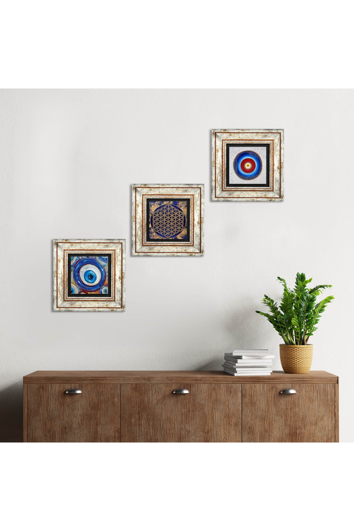 Evil Eye, Flower of Life Stone Wall Painting Framed Wall Decor 3 Piece Painting Set Wall Art