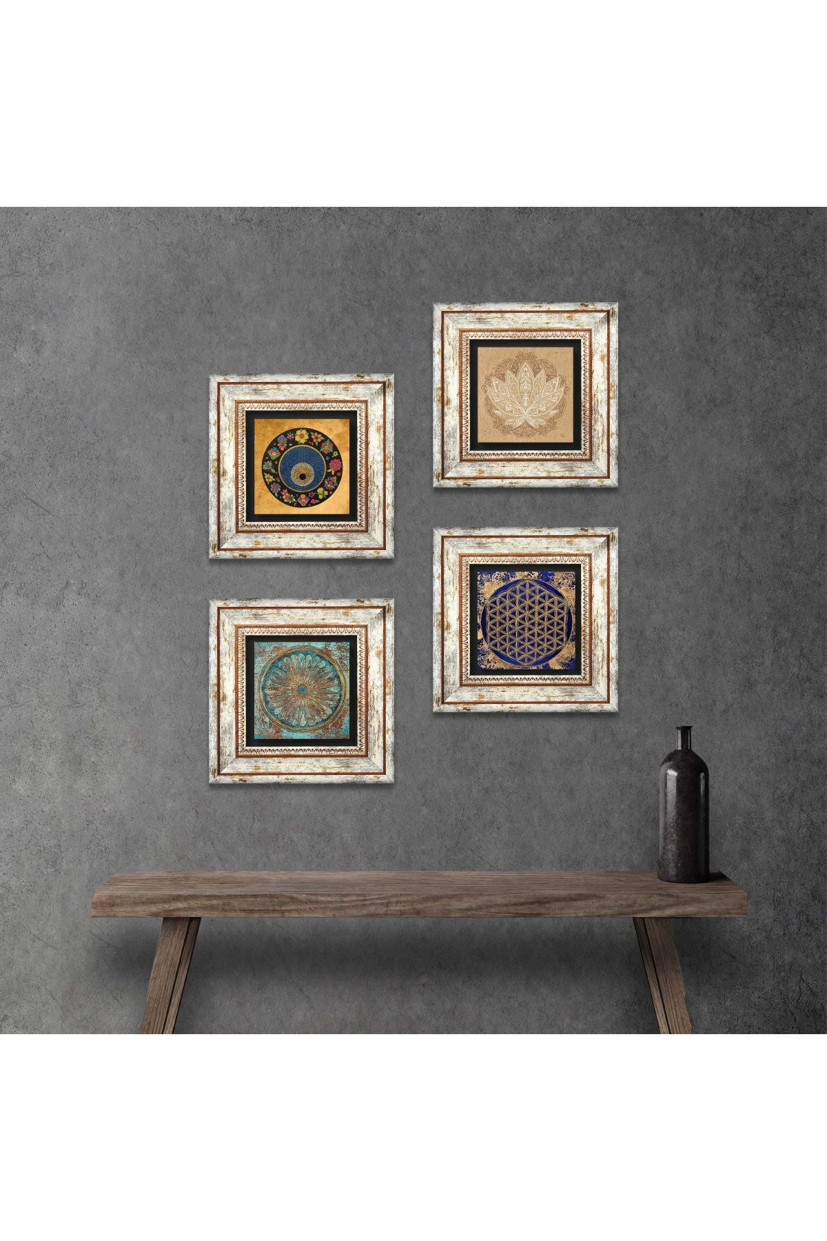 Lotus Çiçeği, Yaşam Çiçeği, Nazar Taş Duvar Tablosu Çerçeveli Duvar Dekoru 4 Parça Tablo Seti Wall Art