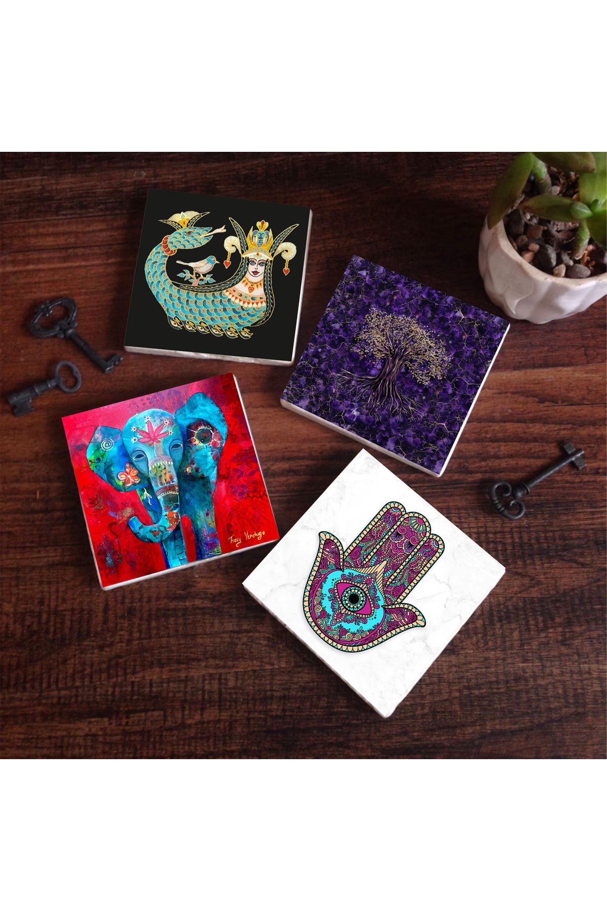 Hayat Ağacı, Fil, Fatma Ana Eli (Hamsa), Şahmeran Taş Bardak Altlığı Masaüstü Koruyucu Altlık 4 Parça Set 10x10cm Stone Coasters